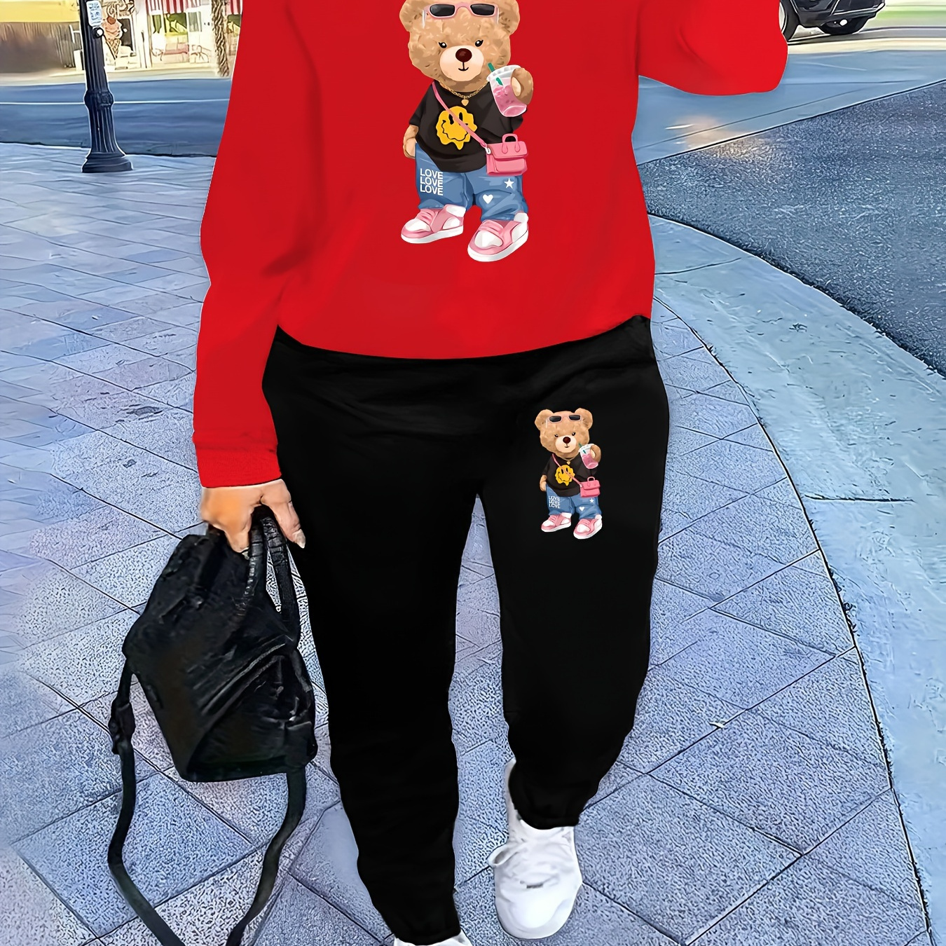 

Women's Cozy Cartoon Print Sweatshirt & Joggers Set - Casual Crew Neck, Long Sleeve, Machine Washable - Perfect For Fall/winter