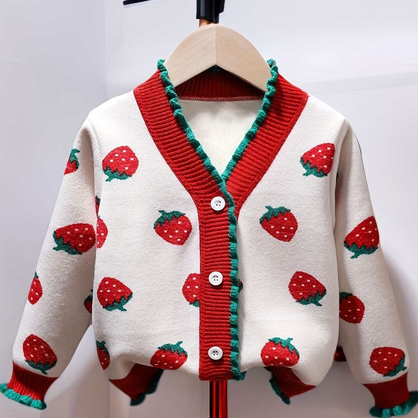 

Girls Button V-neck Knitted Cardigan With Cute Strawberry Jacquard, Kids Long Sleeve Knit Cardigan Sweater