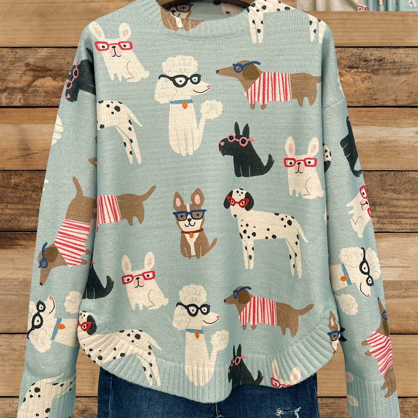 

Cozy Knit Women's Sweater With Puppy Print, Casual Crew Neck, Long Sleeve, Round Hem - Soft Polyester , Light Blue, Fall/winter Layering