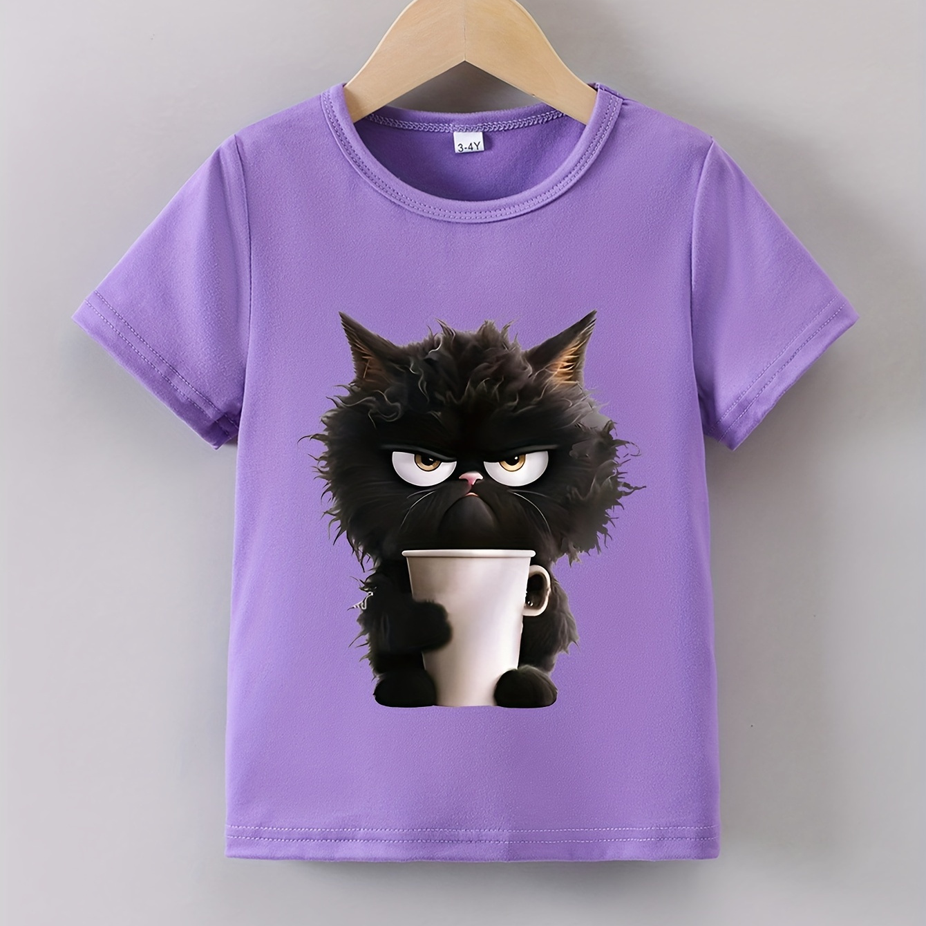 

Girls' Cartoon Angry Cat Graphic Print T-shirt, Casual Soft & Elastic Crew Neck Short Sleeve Tee, Summer Top
