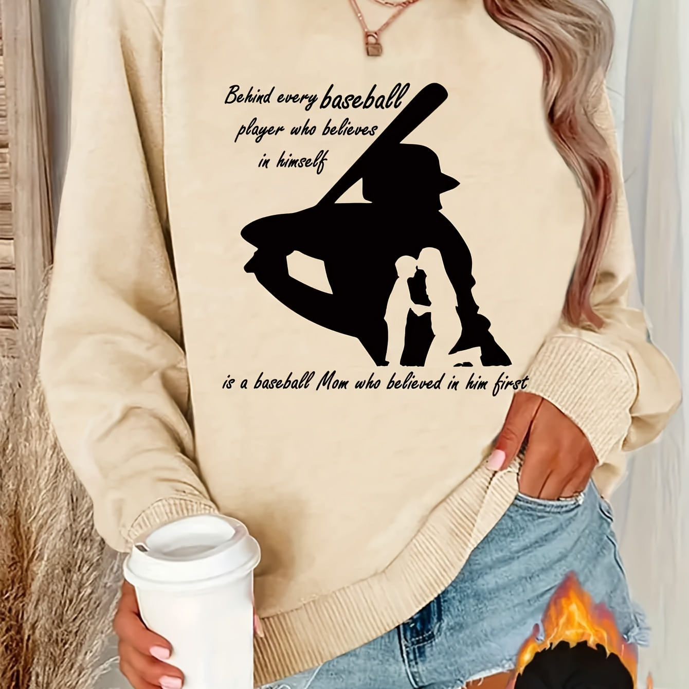 

1pc Baseball Mom Inspirational Print Fleece Pullover Sweatshirt, , Polyester Knit Fabric, Round Neck, Wear