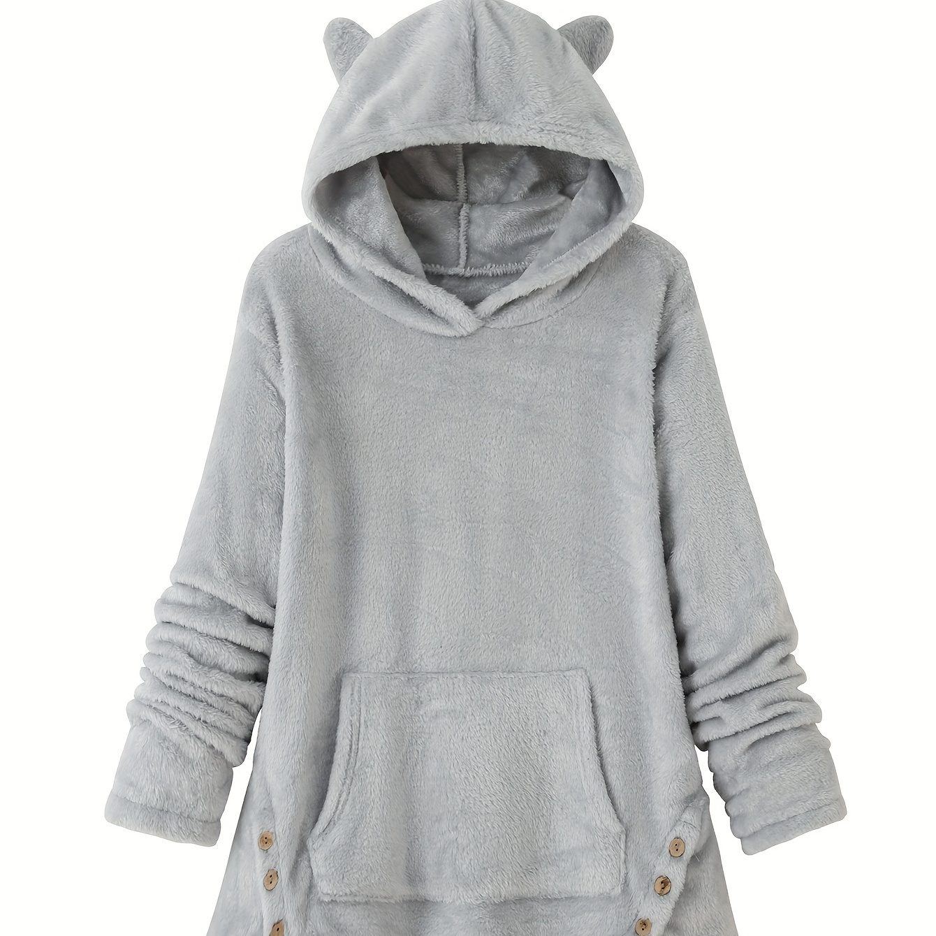 

Solid Cute Plush Kangaroo Pocket Hoodie, Casual Long Sleeve Button Decor Hooded Sweatshirt With Cat Ear Design, Women's Clothing