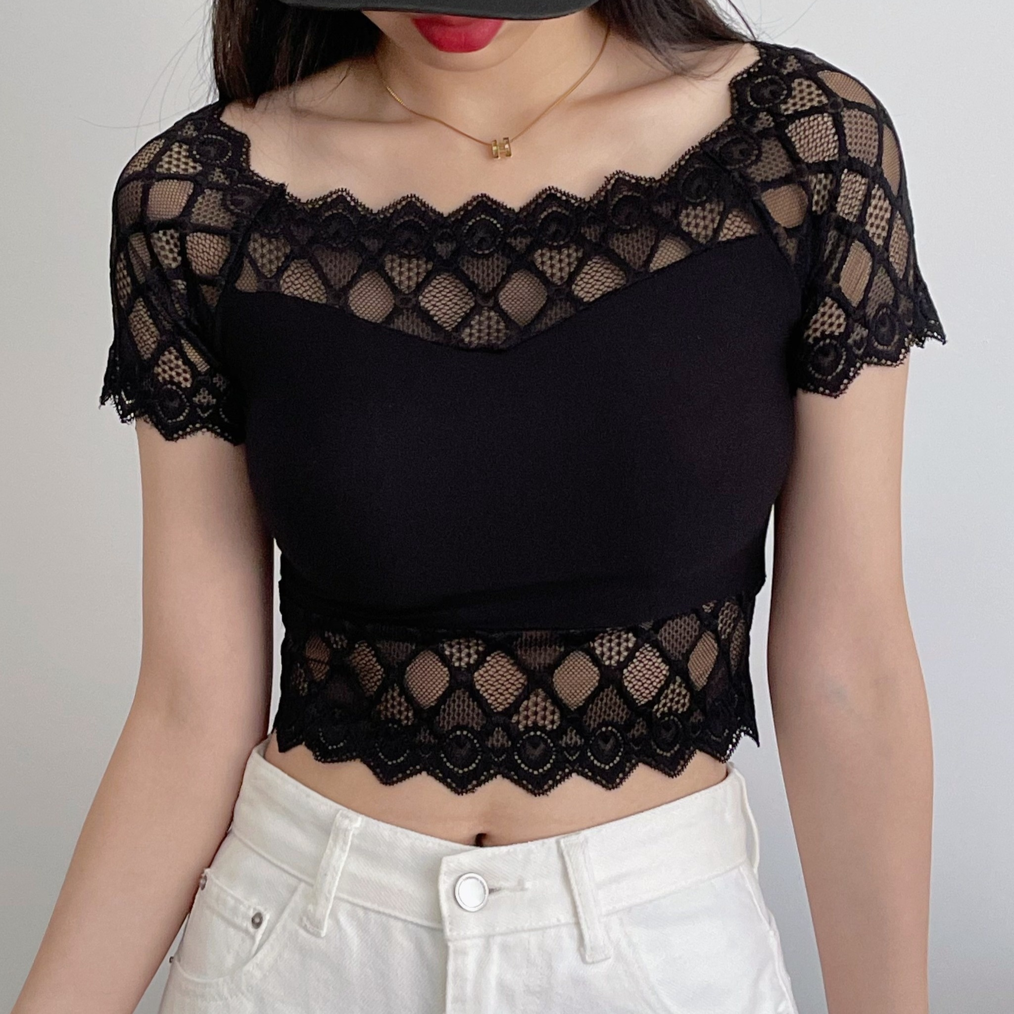

Solid Color Lace Crop T-shirt, Elegant Geo Pattern Short Sleeve T-shirt For Spring & Summer, Women's Clothing