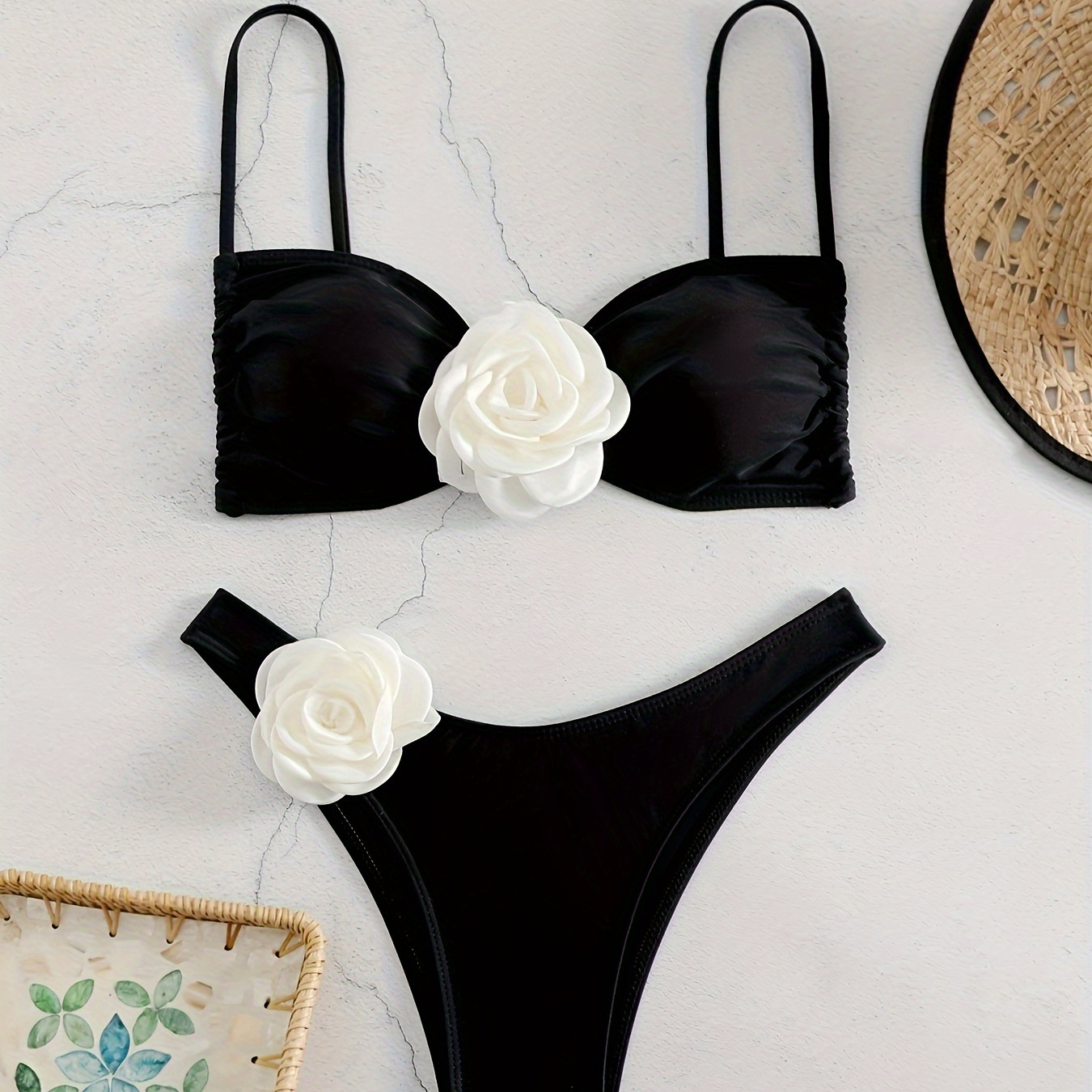 

3d Floral Decor 2 Piece Set Bikini, Spaghetti Straps Tie Back Backless High Cut Swimsuits, Women's Swimwear & Clothing