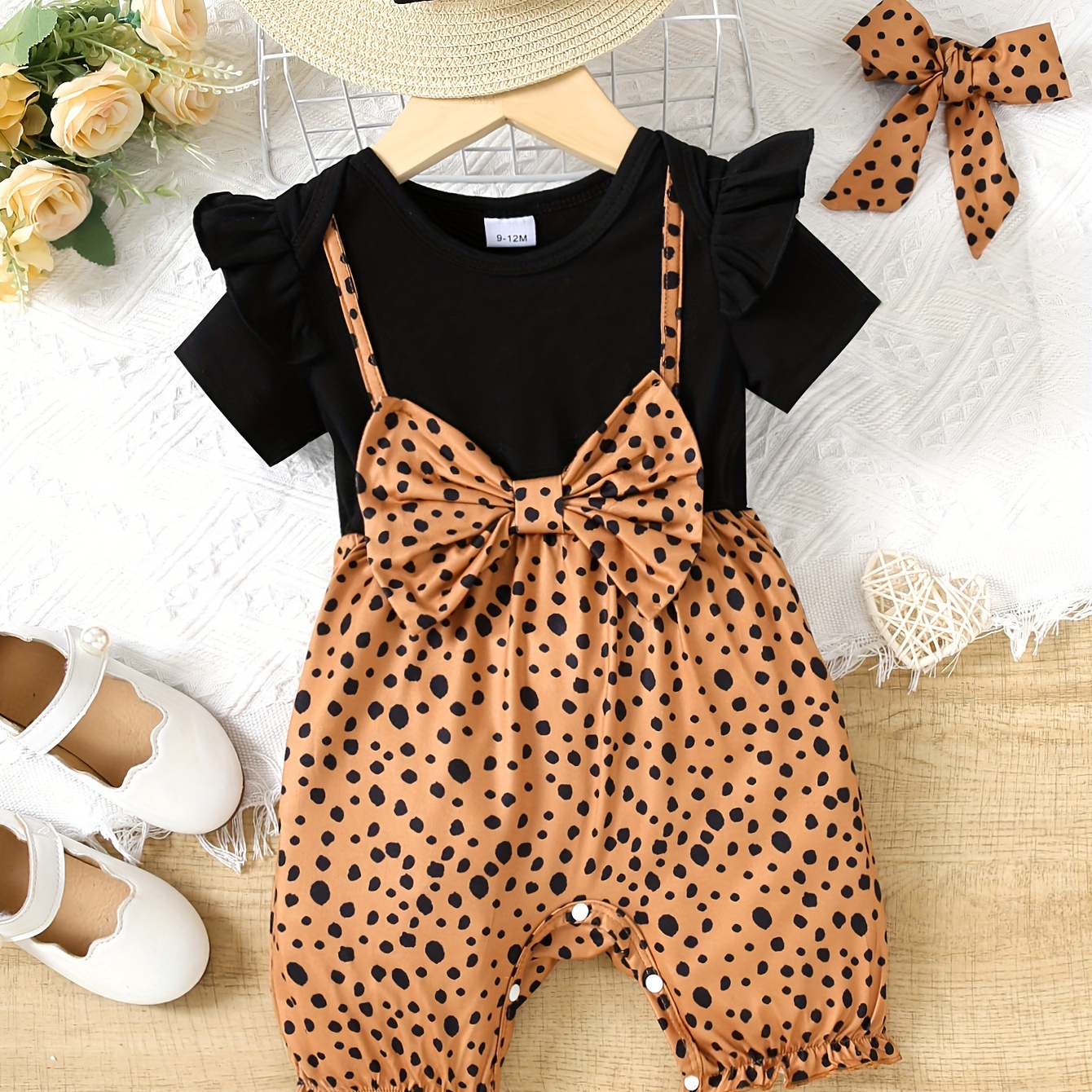 

Infant's Trendy Faux Two-piece Leopard Pattern Cotton Bodysuit, Bowknot Decor Short Sleeve Onesie, Baby Girl's Clothing