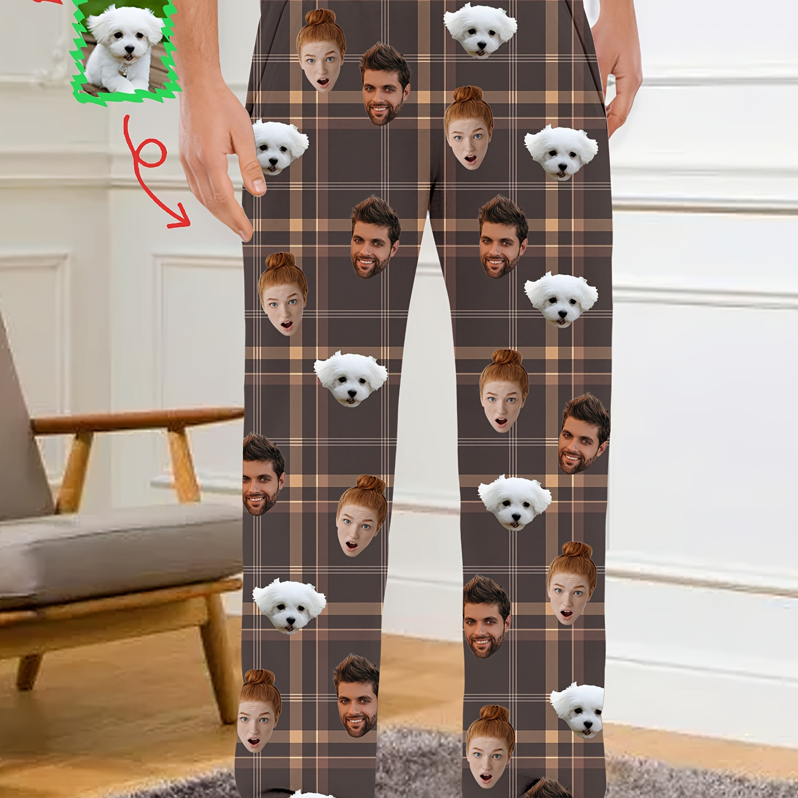 

1pc Customizable Men' Pants, Novelty Long Pajama Bottoms With Personalized Face Photo, Comfortable Polyester Knit Fabric With Slight Stretch, Regular Fit With Pockets