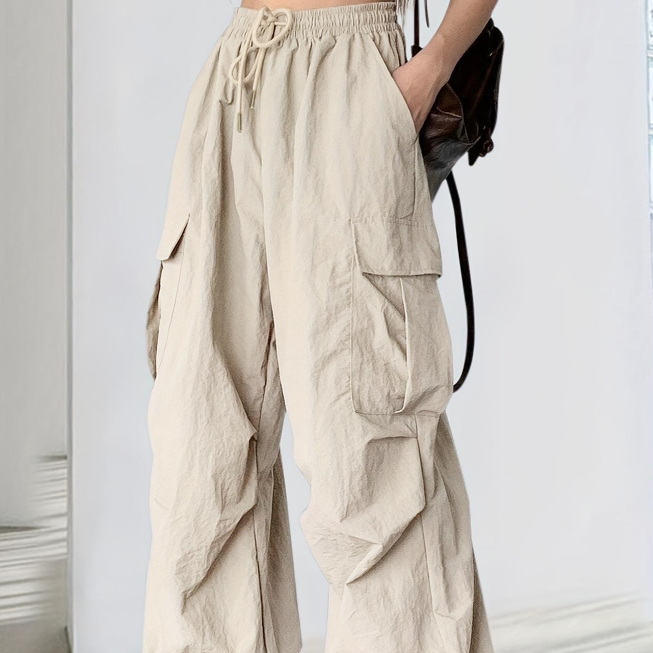 

Flap Pockets Wide Leg Cargo Pants, Casual Drawstring Waist Pants For Spring & Summer, Women's Clothing