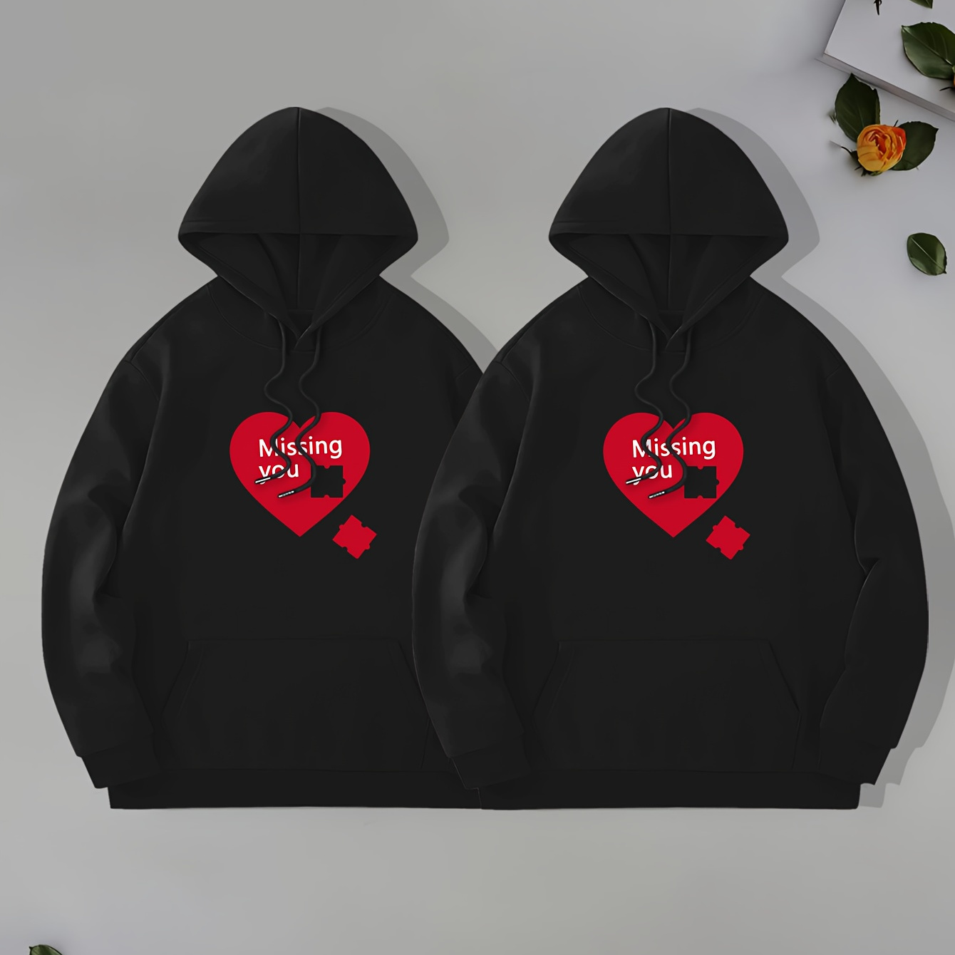 

Hearts Print Lovers Pullover Round Neck Hoodies With Kangaroo Pocket Long Sleeve Hooded Sweatshirt Loose Casual Top For Autumn Winter Men's Clothing As Gifts Valentine's Day