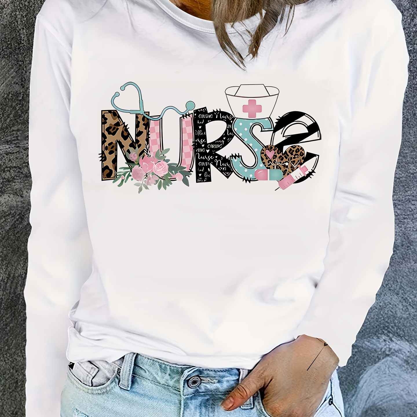 

Nurse Print T-shirt, Long Sleeve Crew Neck Casual Top For Fall & Spring, Women's Clothing