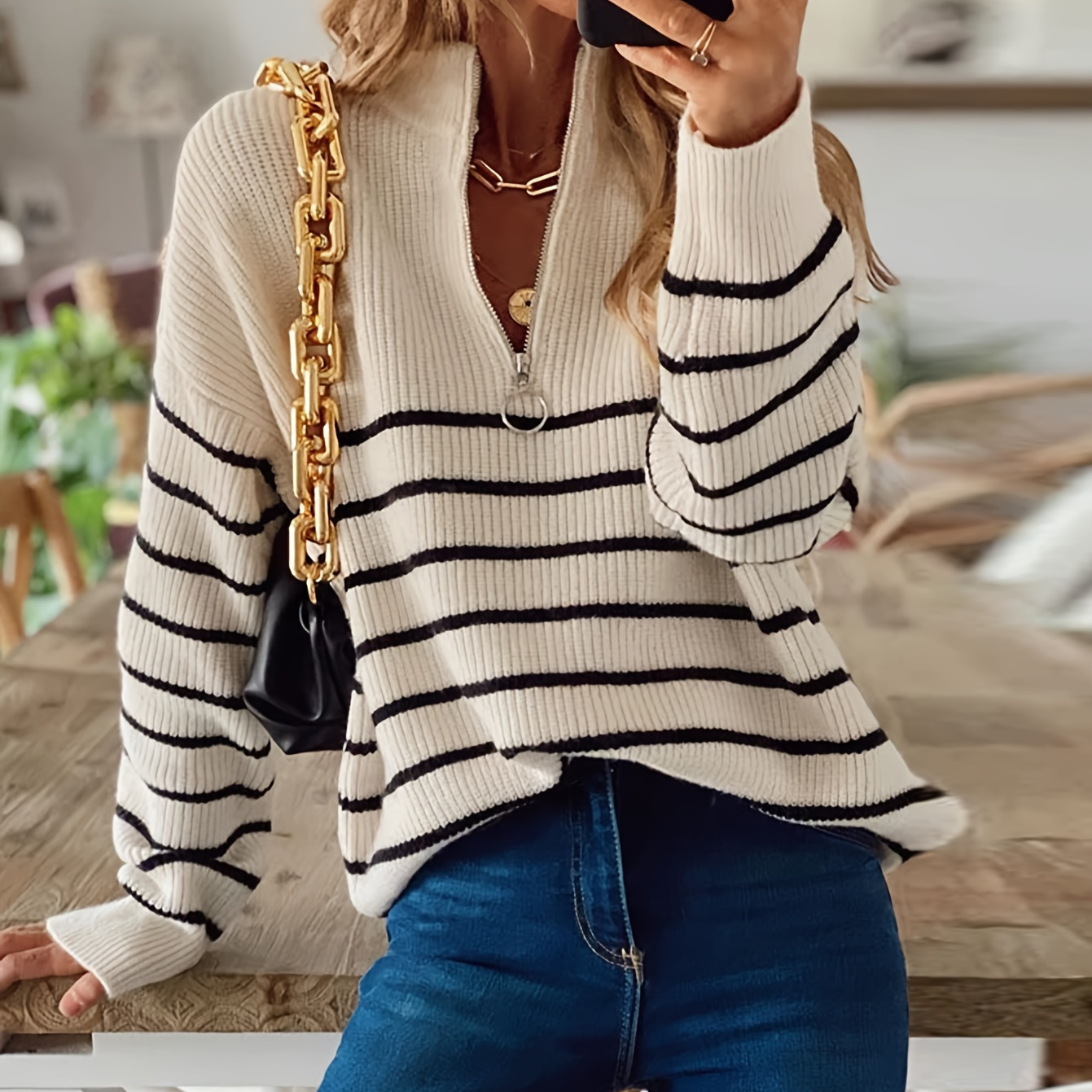 

Quarter Zip Striped Pattern Knitted Sweater, Casual Drop Shoulder Long Sleeve Sweater For Fall, Women's Clothing