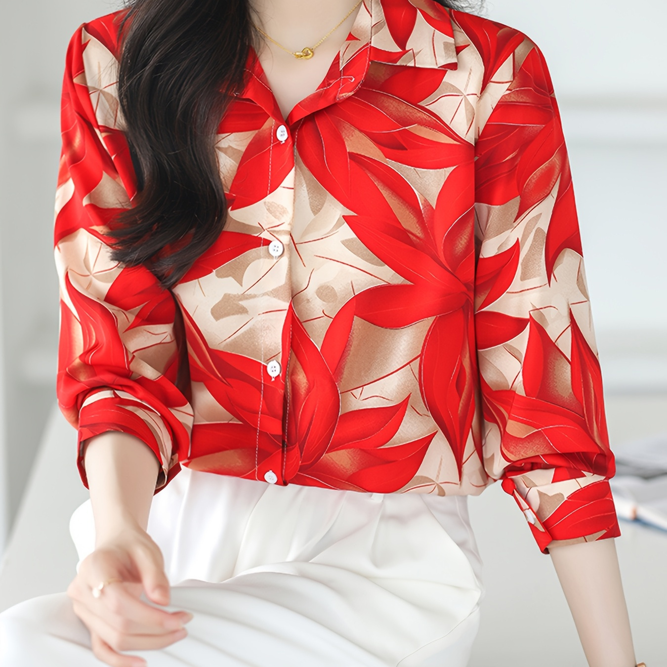 

Chic Red & Floral Print Blouse For Women - Casual Long Sleeve, Button-up With Collar, Lightweight Polyester, All