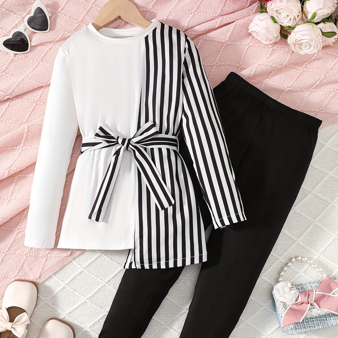 

2pcs Splicing Stripped Long Sleeve Top + Stretchy Solid Pants Set Girls Spring Fall Gift