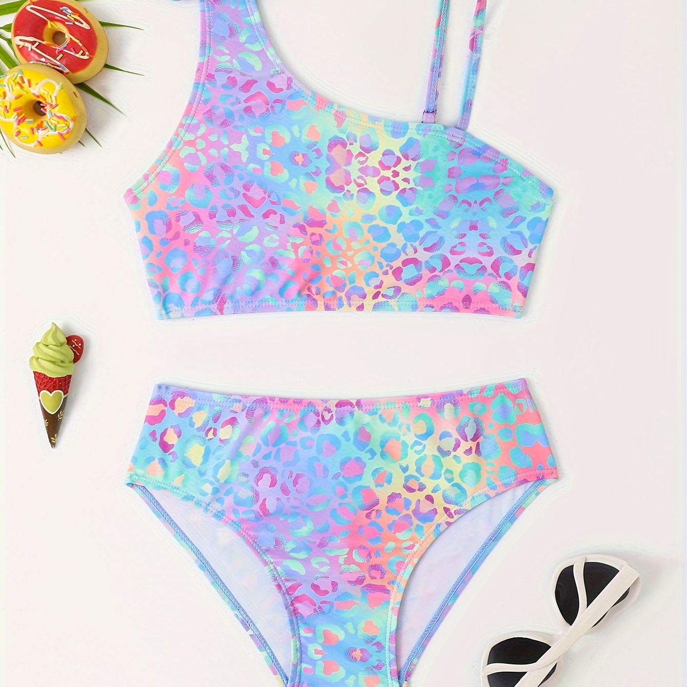 

2pcs Trendy Girls Leopard Print Swimsuit Set Top + Briefs Set For Summer Beach Vacation Gift
