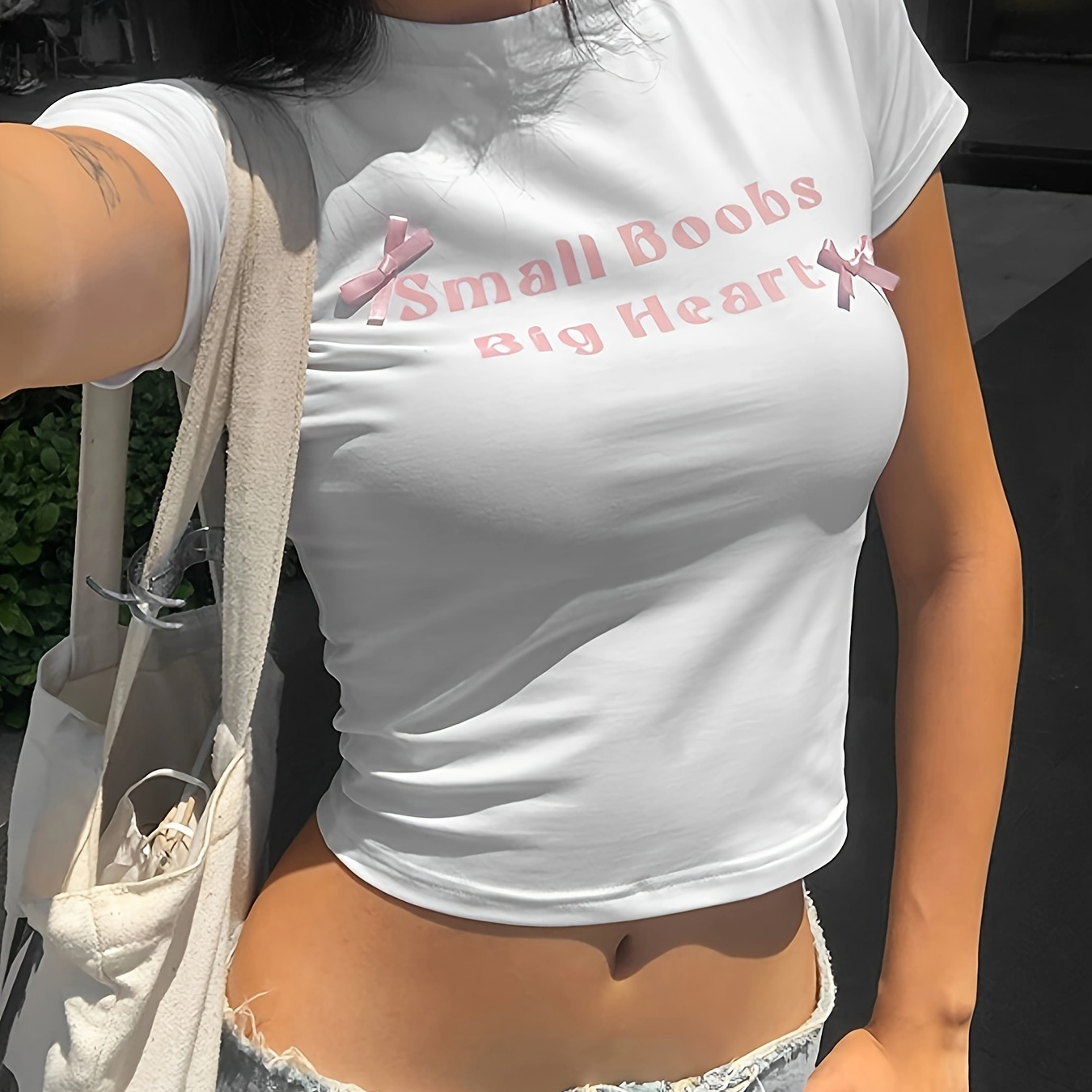 

Letter Print Crew Neck T-shirt, Y2k Bow Decor Short Sleeve Crop T-shirt For Spring & Summer, Women's Clothing