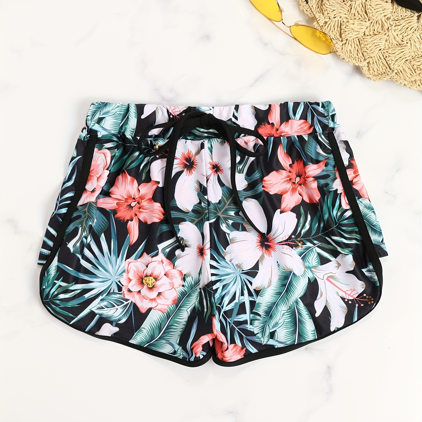 

Tropical Print Drawstring Beach Swim Shorts, High Stretch Comfy Boxer Shorts Bottoms, Women's Swimwear & Clothing