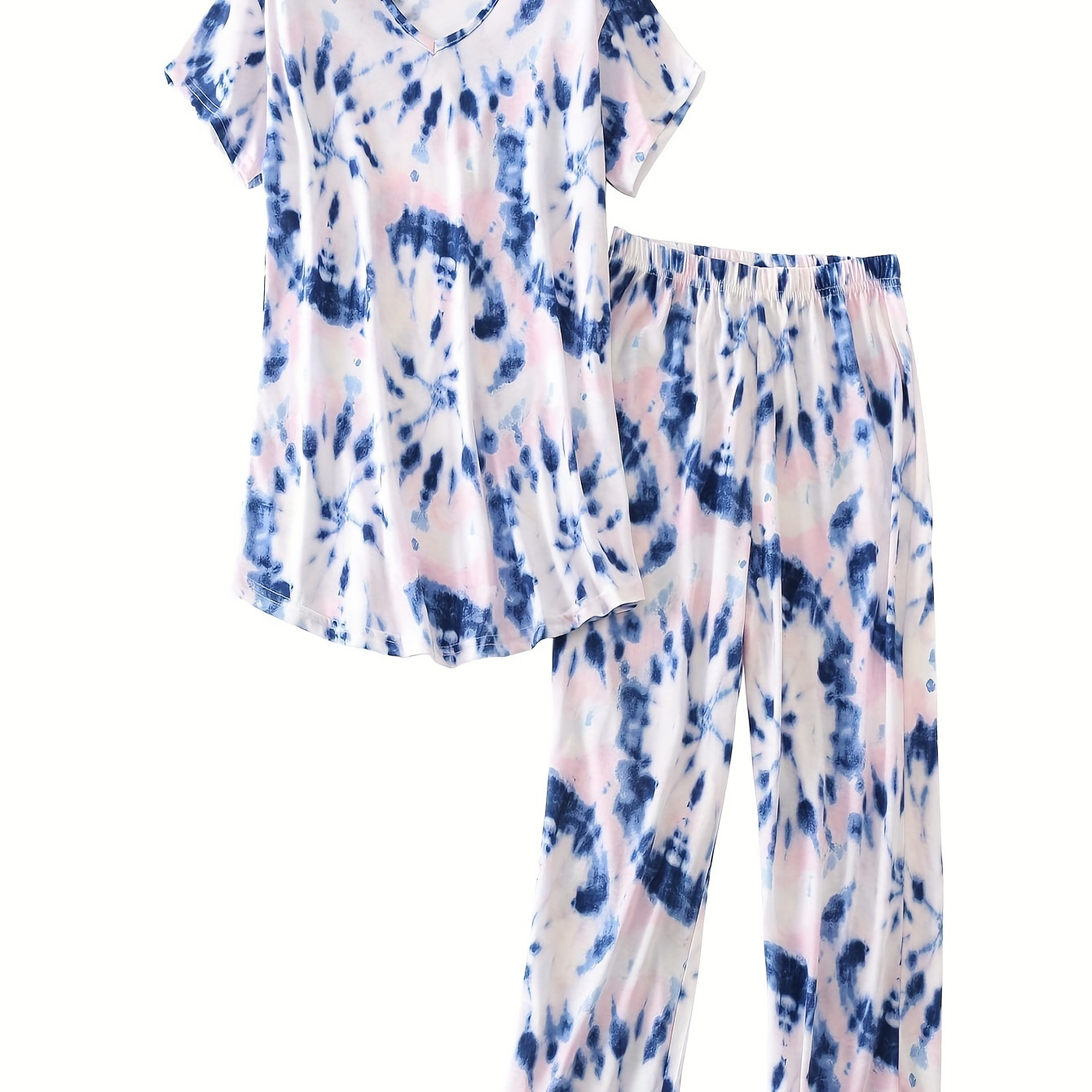 

Women's Tie Dye Print Lounge Set, Casual Short Sleeve Top With Capri Pants, Comfortable Summer Pj Set For Women