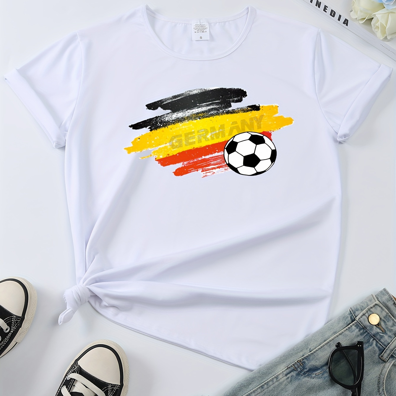 

Germany Soccer Print T-shirt, Casual Crew Neck Short Sleeve Top For Spring & Summer, Women's Clothing