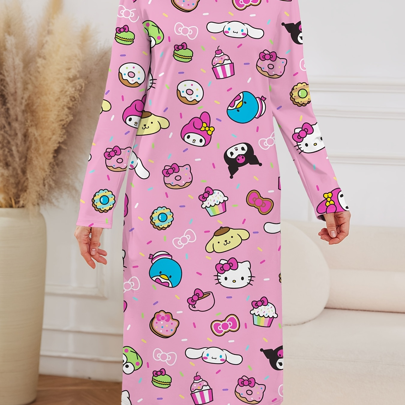 

Sanrio Hello Kitty Pink Long Sleeve Nightgown - Polyester, Round Neck, Cartoon Print, Machine Washable For Adults, Hello