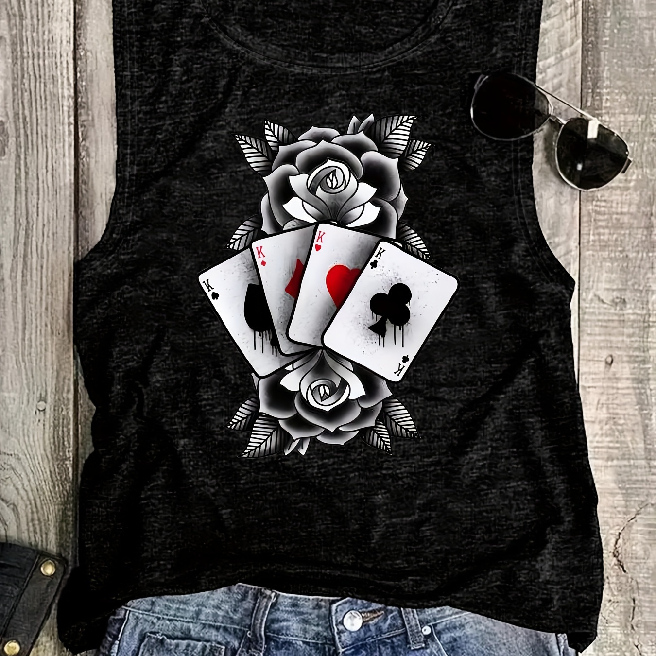 

Card Print Tank Top, Sleeveless Casual Top For Summer & Spring, Women's Clothing