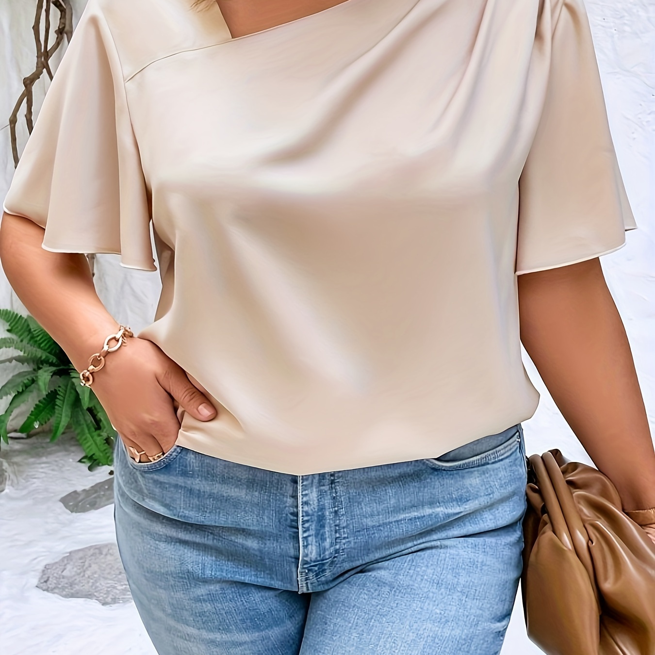 

Plus Size Casual Blouse, Women's Plus Solid Sleeve Irregular Neck Metal Decor Blouse