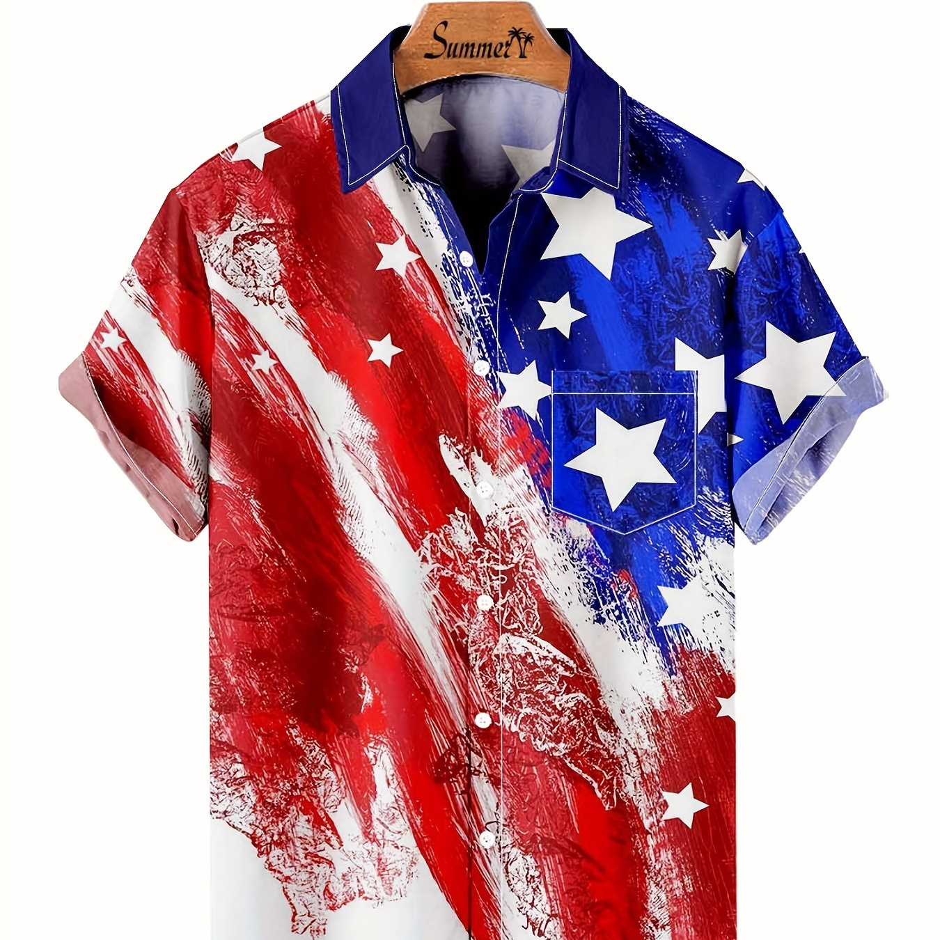 Plus Size Men's Flag Graphic Casual Hawaiian Tees Shirt Button Down Short Sleeve Beach Loose Fit Independence Day Shirts Tops With Pocket