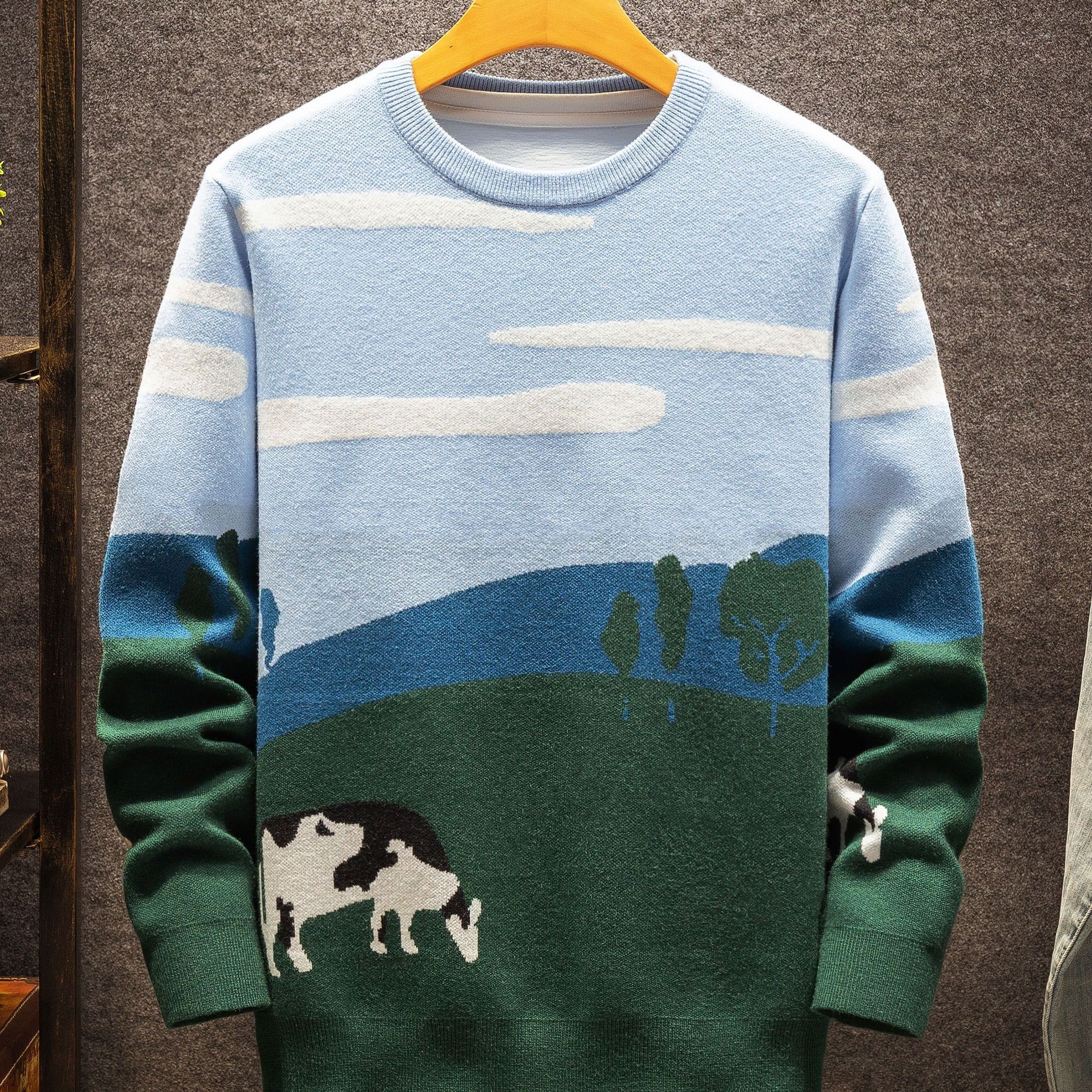 

Men's Knitted Pullover Sweater, Casual Cow Pattern Print Long Sleeve Crew Neck Sweater For Fall/winter