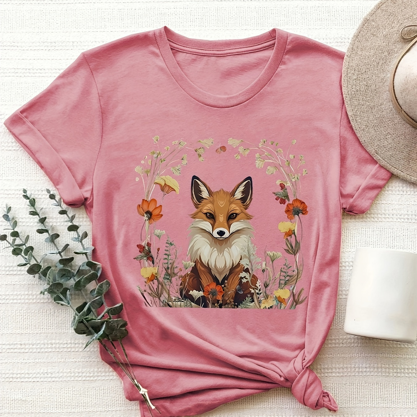 

Fox Print T-shirt, Short Sleeve Crew Neck Casual Top For Summer & Spring, Women's Clothing