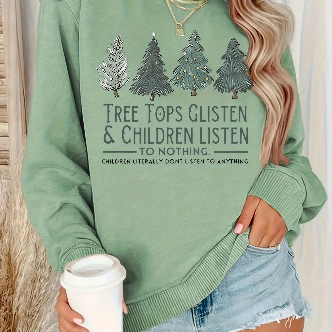 

Christmas Tree And Letter Print Pullover Sweatshirt, Casual Long Sleeve Crew Neck Sweatshirt For Fall & Winter, Women's Clothing