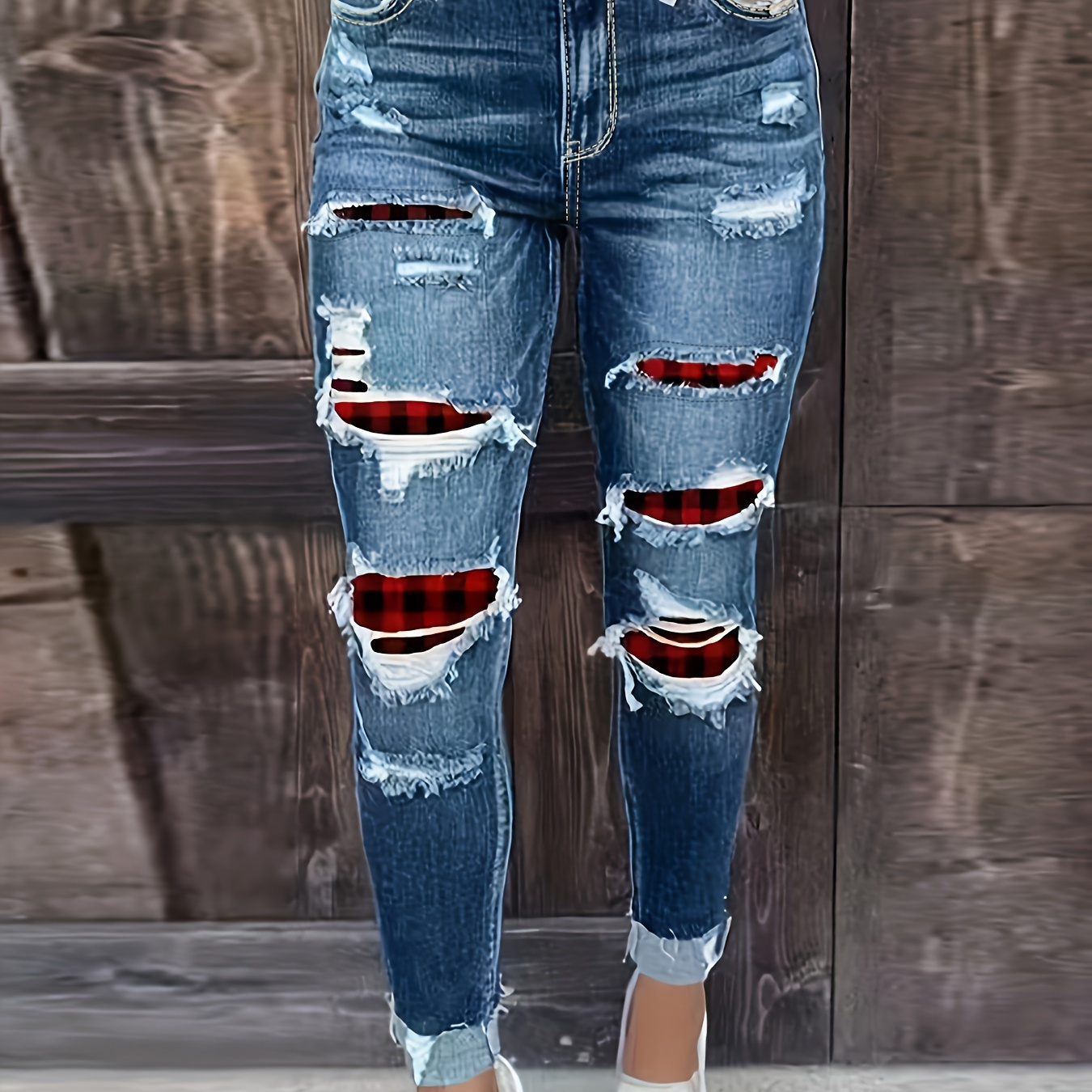 

Women's Plus Size Jeans, Christmas Style Red Plaid Ripped Patchwork Rolled Frayed High Stretch Skinny Whiskering Denim Pants