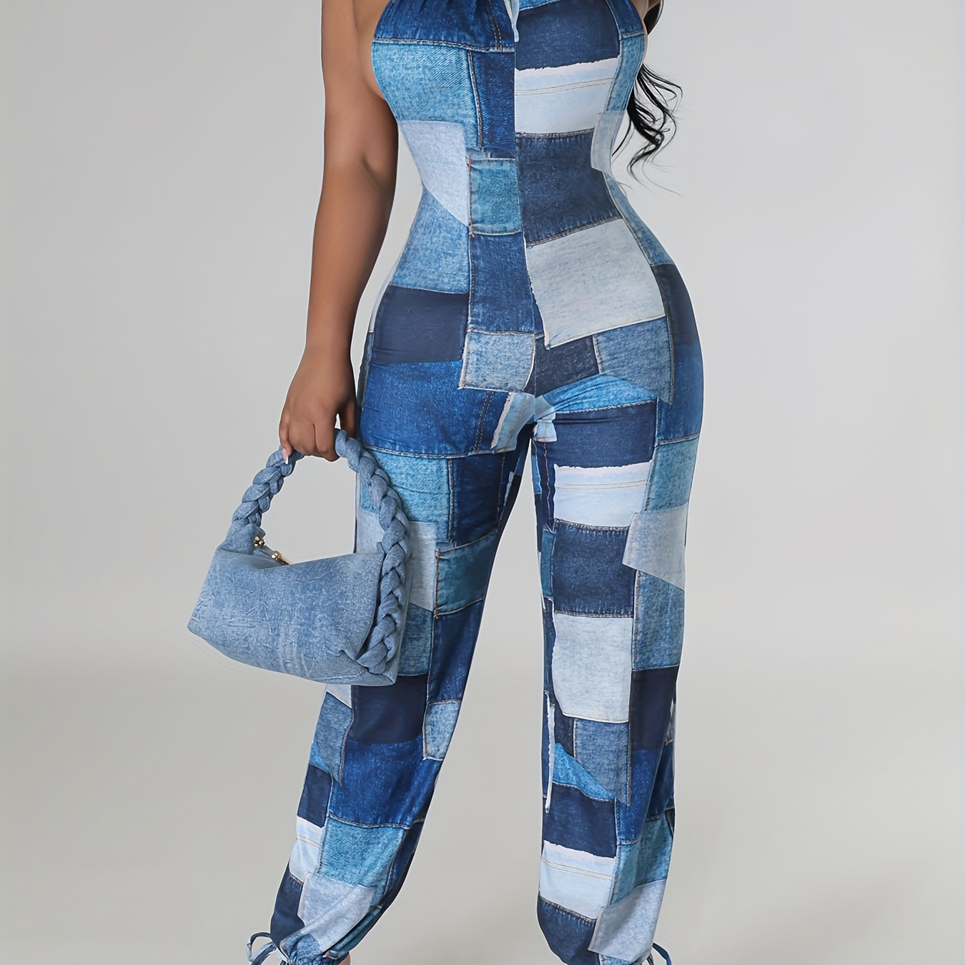 

Patchwork Print Tie Shoulder Jumpsuit, Casual Sleeveless Jumpsuit For Spring & Summer, Women's Clothing