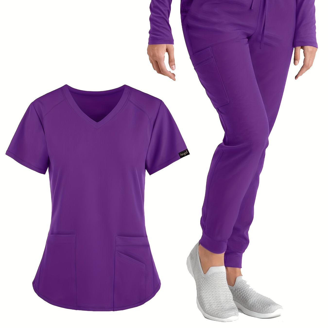 Solid Two-piece Set, Casual Short Sleeve V Neck Scrub Top & Drawstring Pants Outfits For Health Care & Medical Care, Women's Clothing