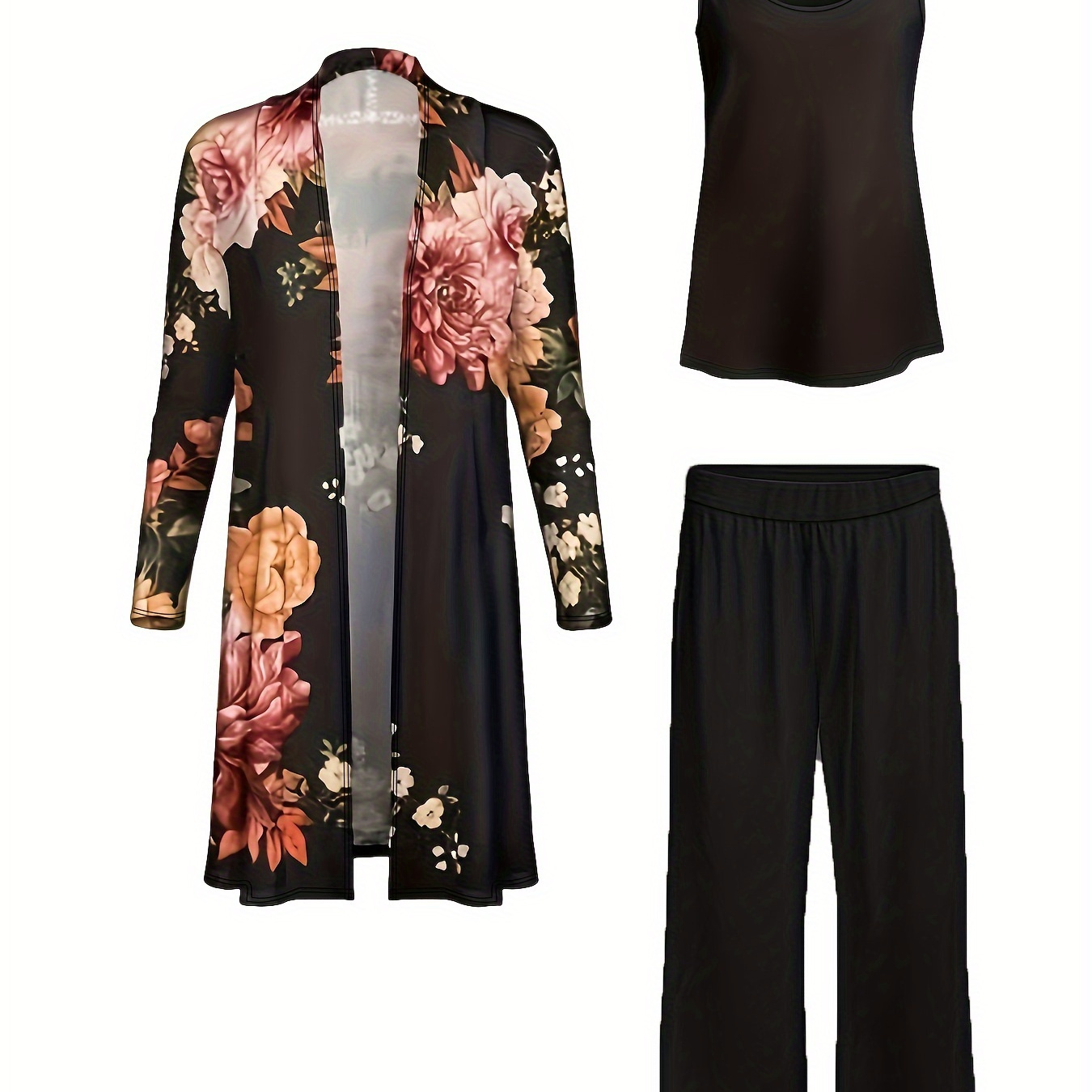 

Plus Size Floral Print Three-piece Set, Crew Neck Tank Top + Pants + Open Front Coat Outfits, Women's Plus Size clothing