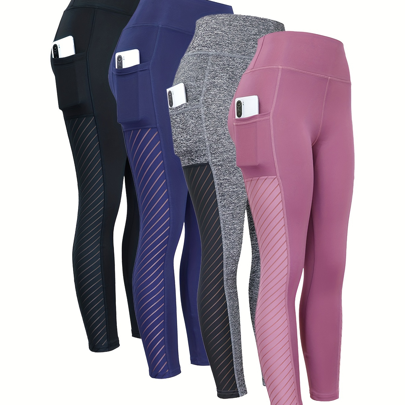 

4-pack High-waisted Women's Sports Leggings, Athletic Yoga Pants With Pockets, Stretchable Gym Tights, Breathable Workout Activewear, Assorted Colors