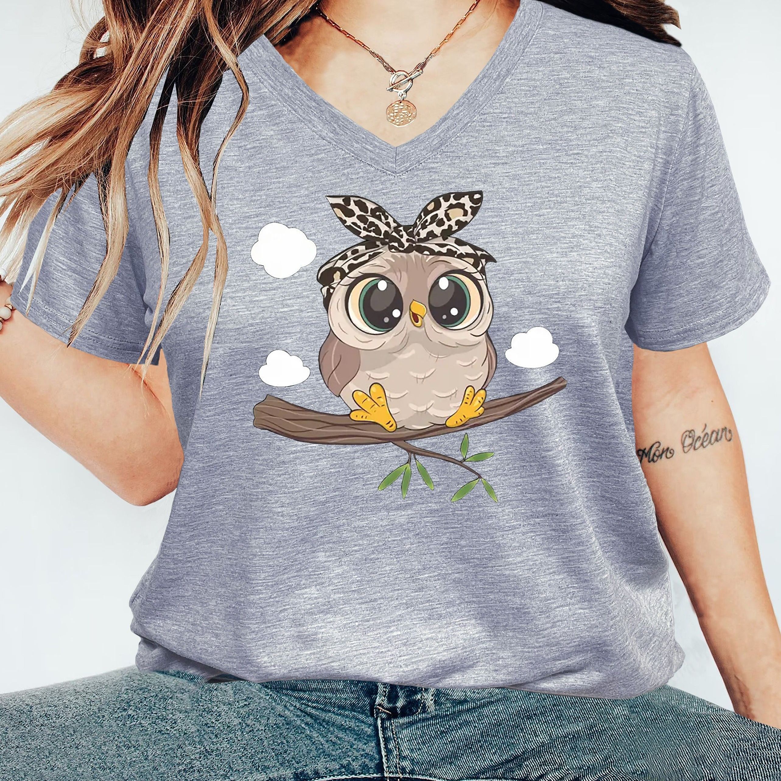 

Cute Owl Print V Neck T-shirt, Casual Short Sleeve T-shirt For Spring & Summer, Women's Clothing