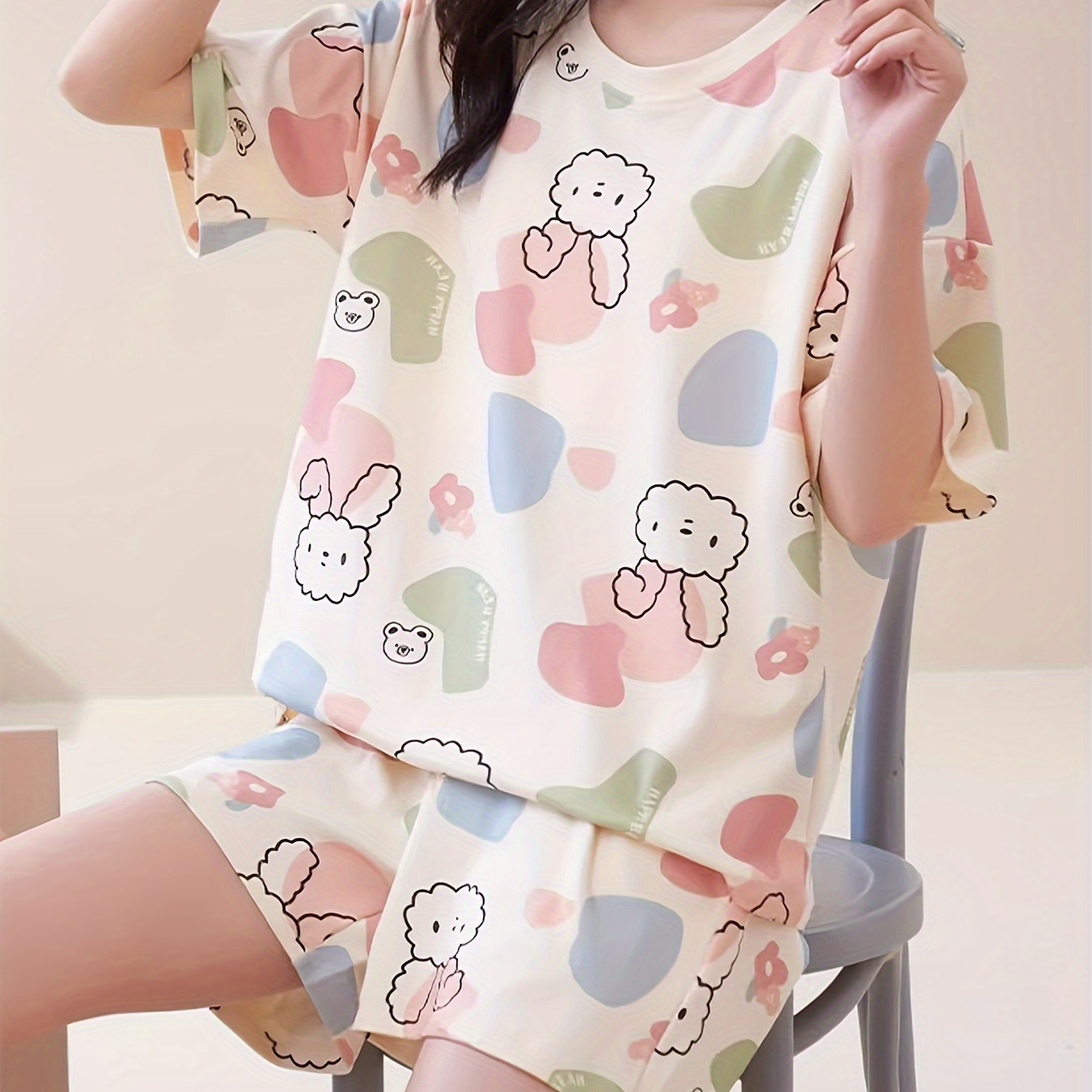 

Cute Rabbit & Color Block Print Pajama Set, Casual Short Sleeve Round Neck T-shirt & Pocketed Shorts, Women's Sleepwear