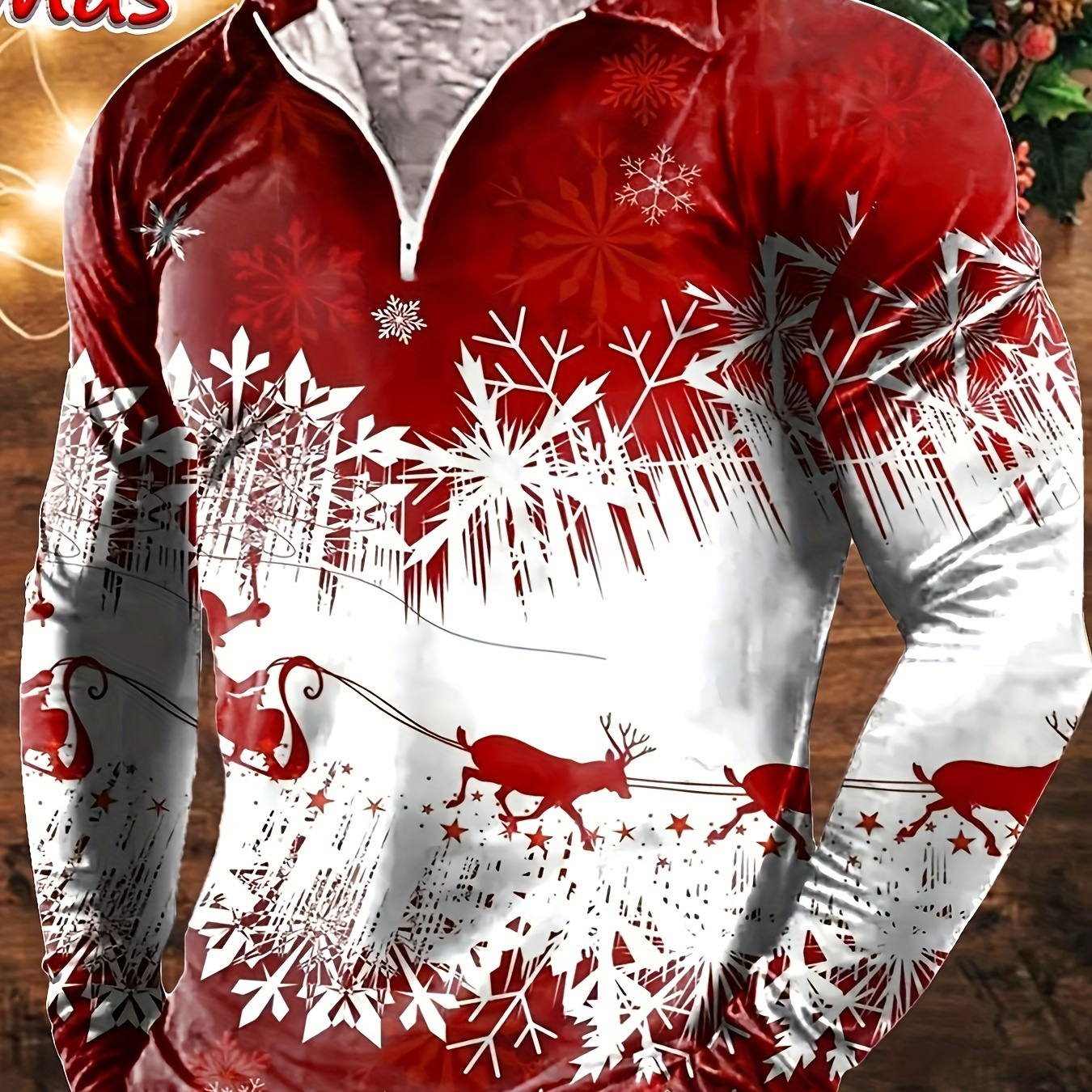 

Men's Long Sleeve Christmas Themed Shirt With Zipper, 100% Polyester Knit Fabric, Regular Fit Collar Top For Spring/fall