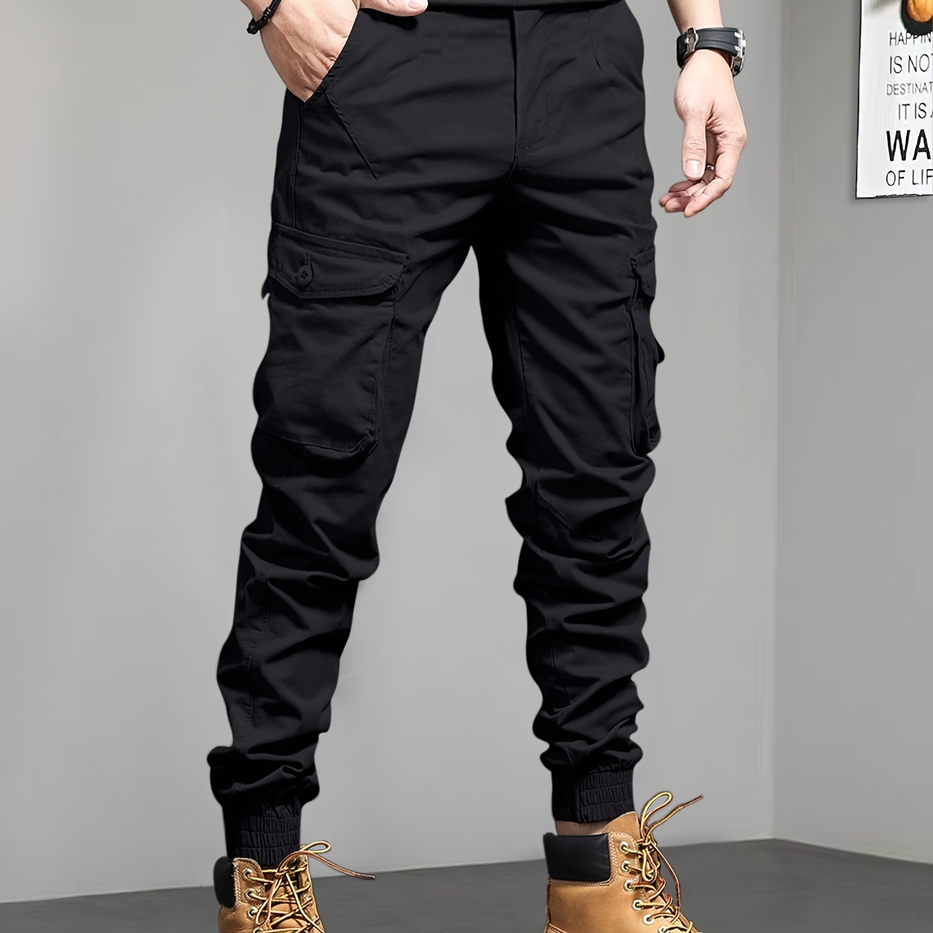 

Men' Cargo Cropped Pants With Multi Pockets, Slim-fit Barrel Joggers For Outdoor Activities