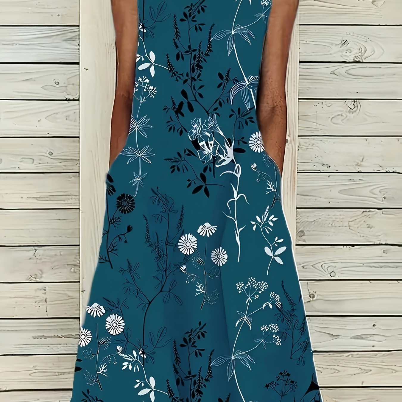 

Floral Dress With Pockets, Round Neck, Stretch Polyester Fabric - Spring/summer/fall, Style, Outing , Spring/summer/autumn