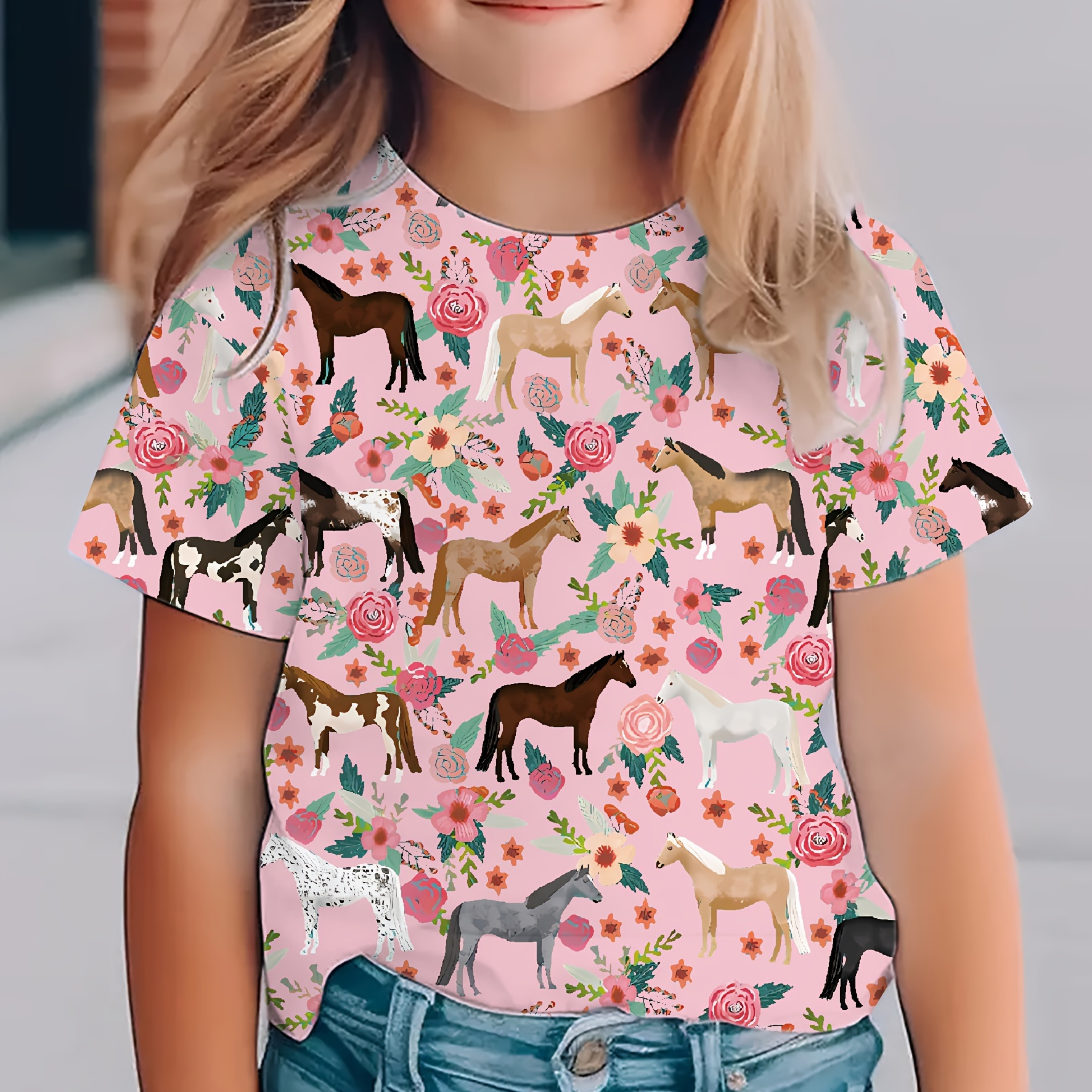 

Horses And Flowers Print, Short Sleeve T-shirt For Girls, Tee Shirt For Summer