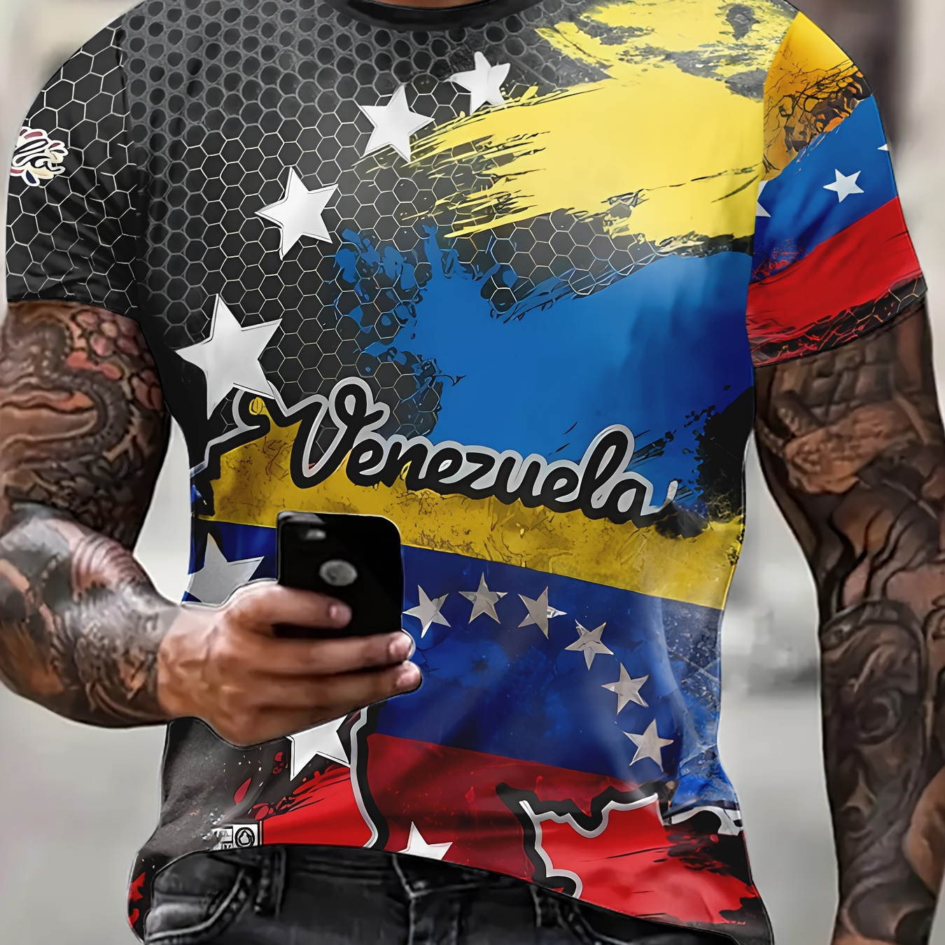 

Men's Patriotic Venezuela Flag T-shirt, 3d Print Short Sleeve Casual Tee, Round Neck
