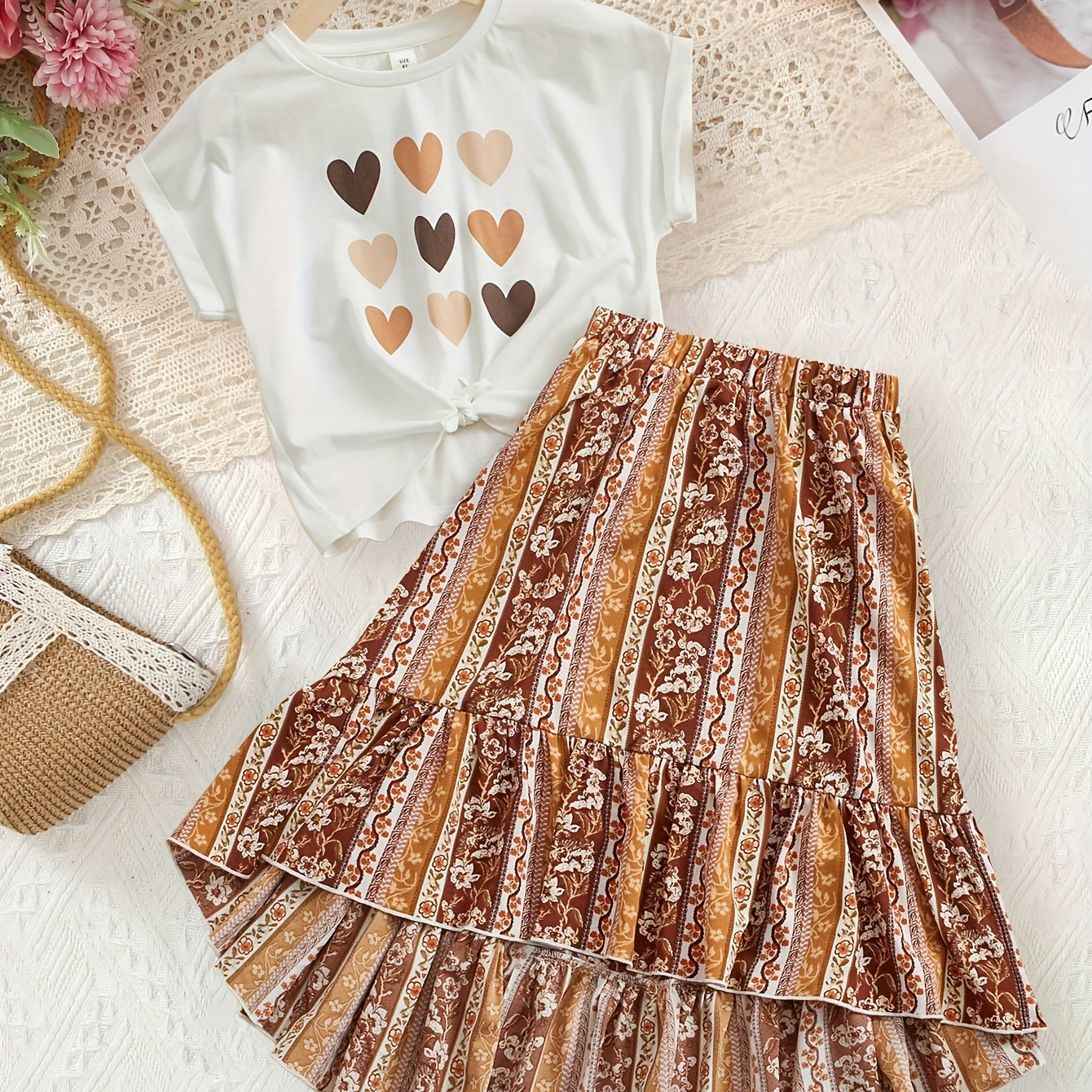 

2pcs, Brown Hearts Print Batwing Sleeve T-shirt + High-low Midi Skirt Girl's Summer Set - Perfect For Casual Outings, Gift Idea