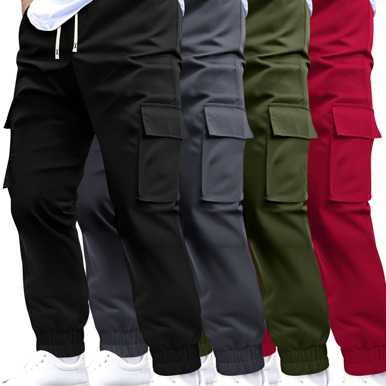 

4pcs Men' Color Cargo Pants - Casual Multi-pocket Workwear, Polyester, Machine Washable