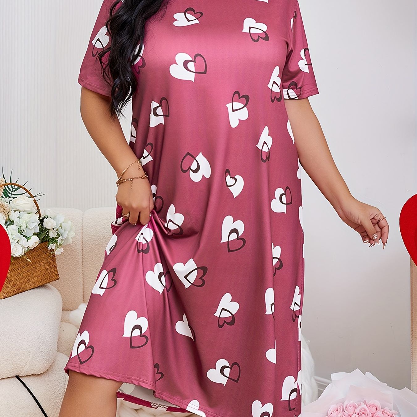 

Women's Valentine's Day Casual Nightdress, Plus Size Heart Print Short Sleeve Round Neck Sleep Dress