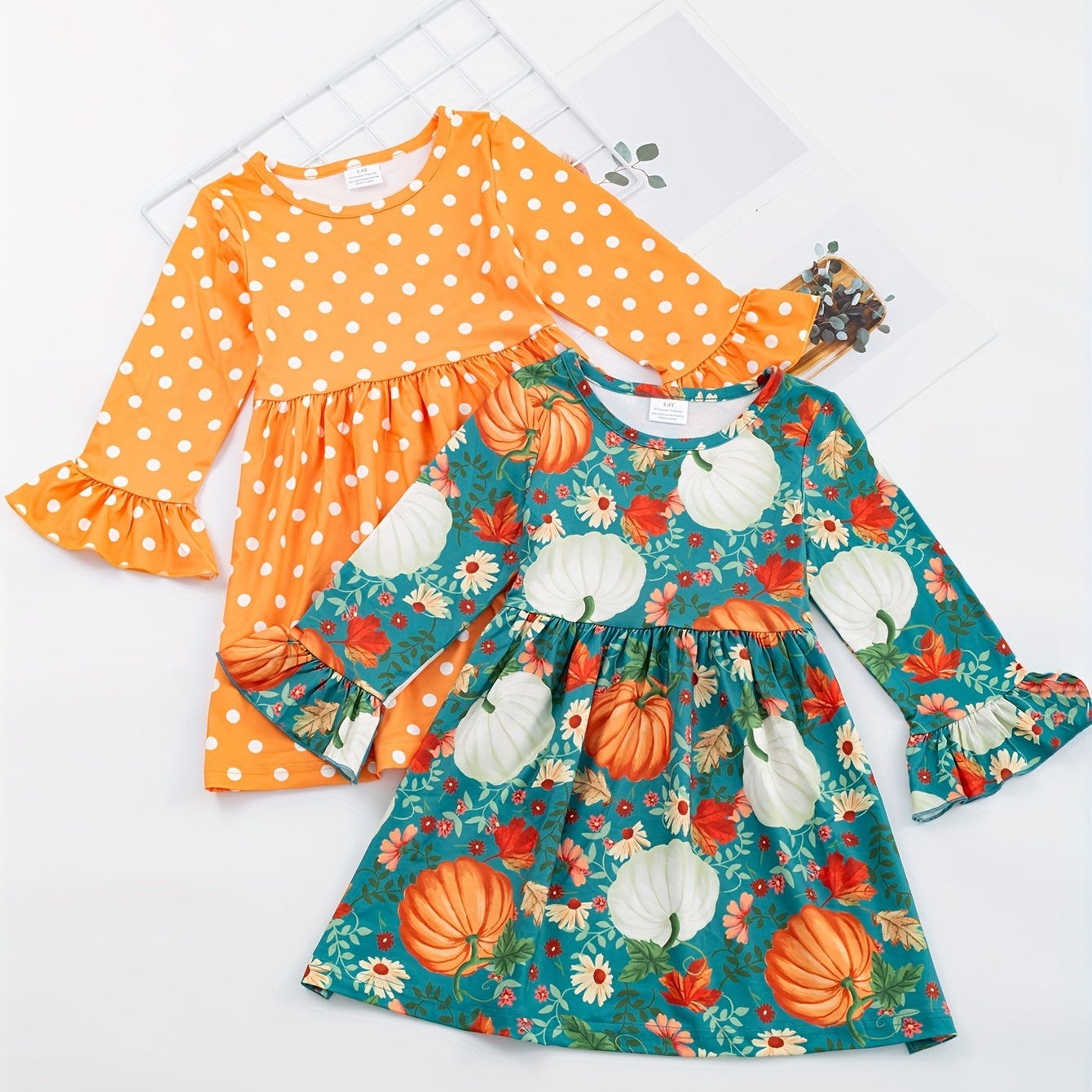 

Toddler Girls' 2pcs Floral Pumpkin/ Polka Dots Full Print Long Sleeve Dress, Girl Casual Dresses For Halloween/ Thanksgiving Outfit