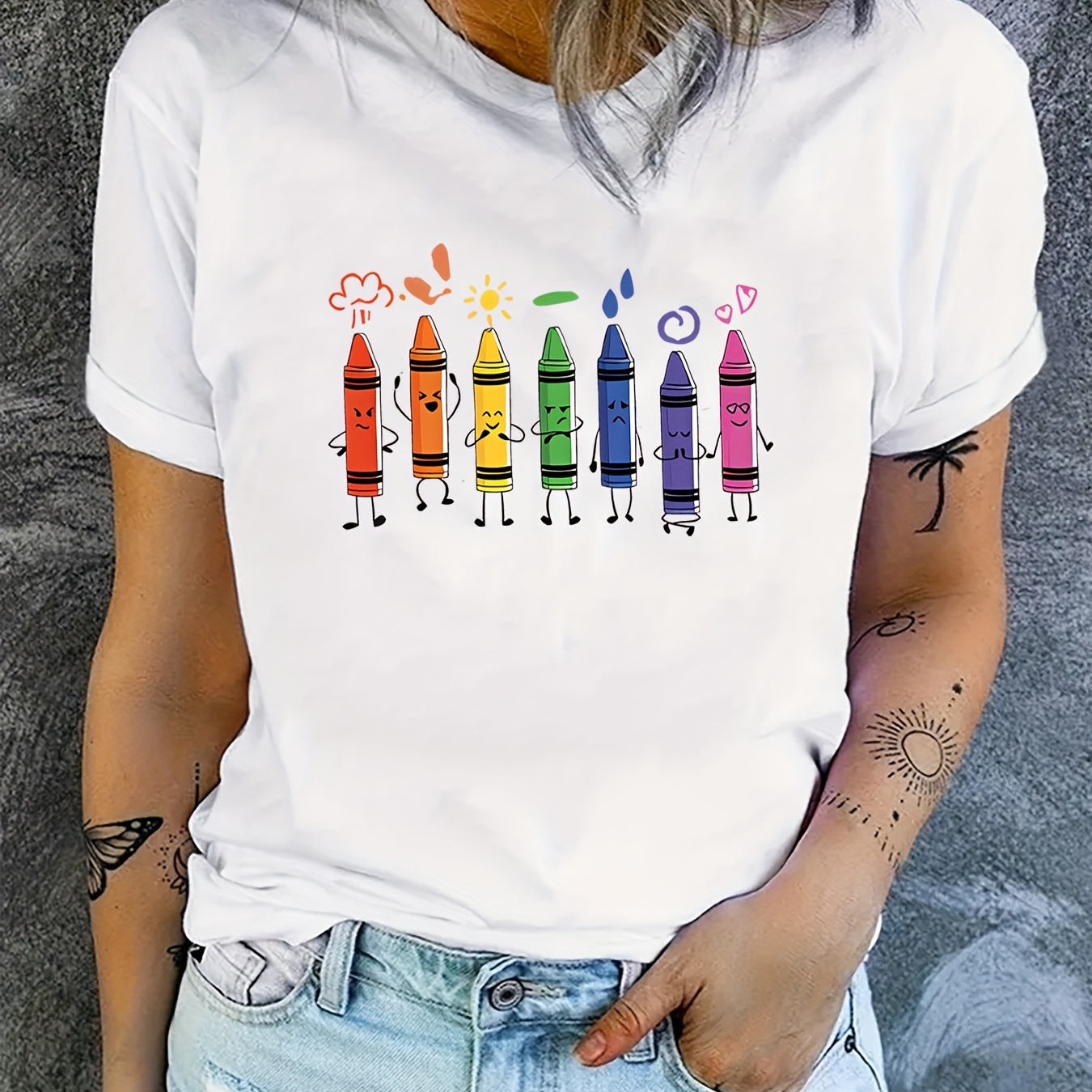 

Crayon Print Crew Neck T-shirt, Casual Short Sleeve T-shirt For Spring & Summer, Women's Clothing