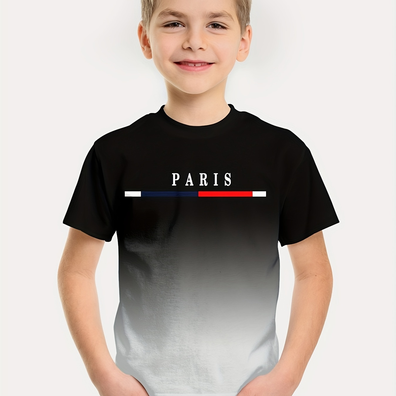 

Paris Letter 3d Print Boys Casual Gradient Short Sleeve T-shirts - Comfortable & Stylish Tops For Summer - Ideal Gift For Your Fashionistas