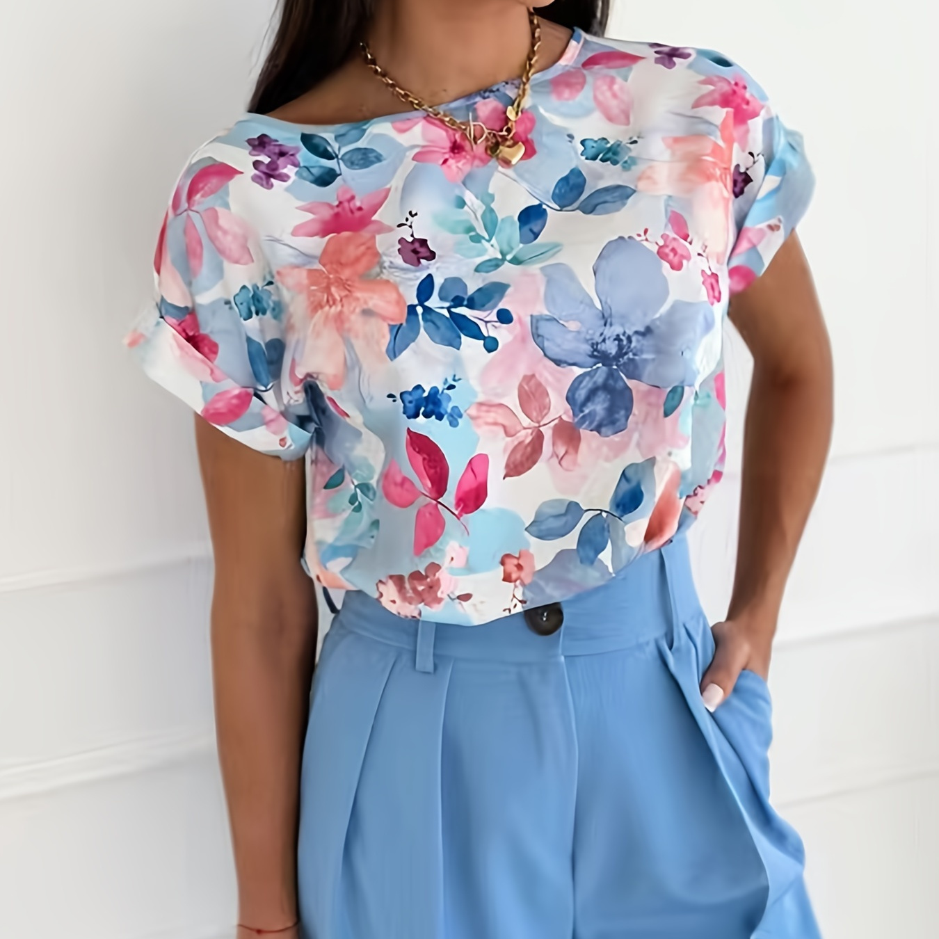 

Floral Neck Blouse, Elegant Short Sleeve Blouse For , Women's Clothing