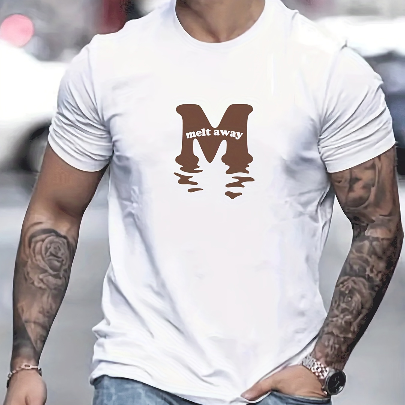 

Letter M Print T-shirt, Men's Casual Street Style Stretch Round Neck Tee Shirt For Summer