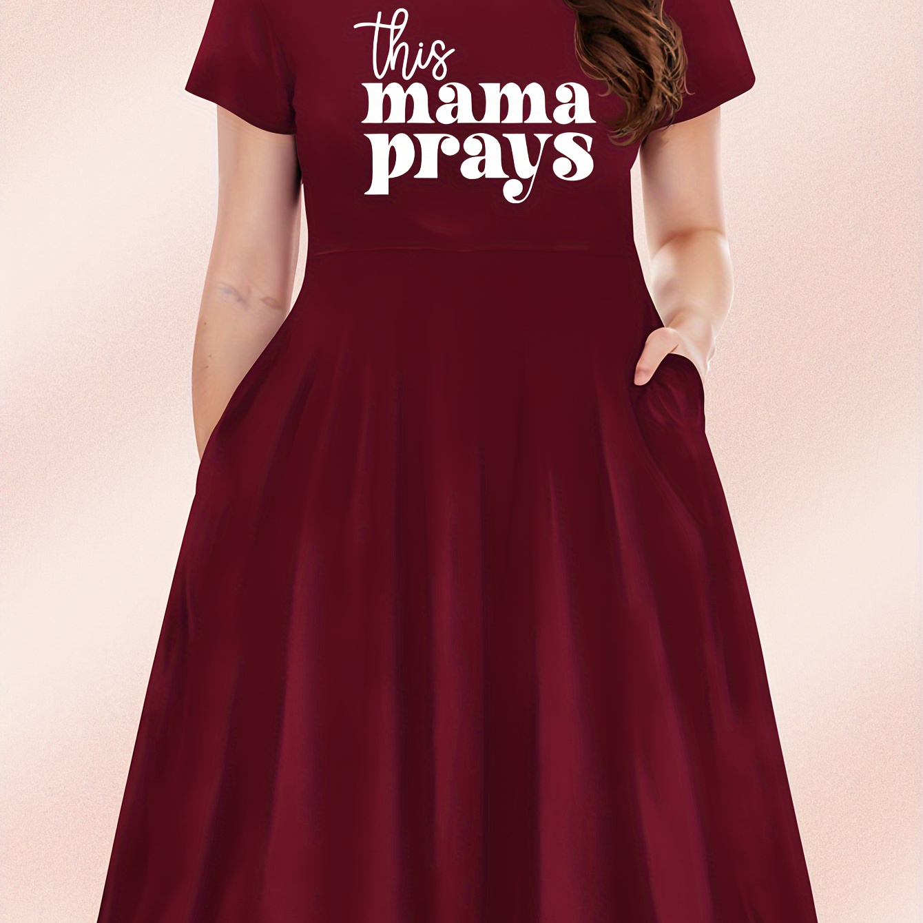 

Plus Size Letter Mama Prays Print Dress, Short Sleeve Crew Neck Casual Dress For Spring & Summer, Women's Plus Size Clothing