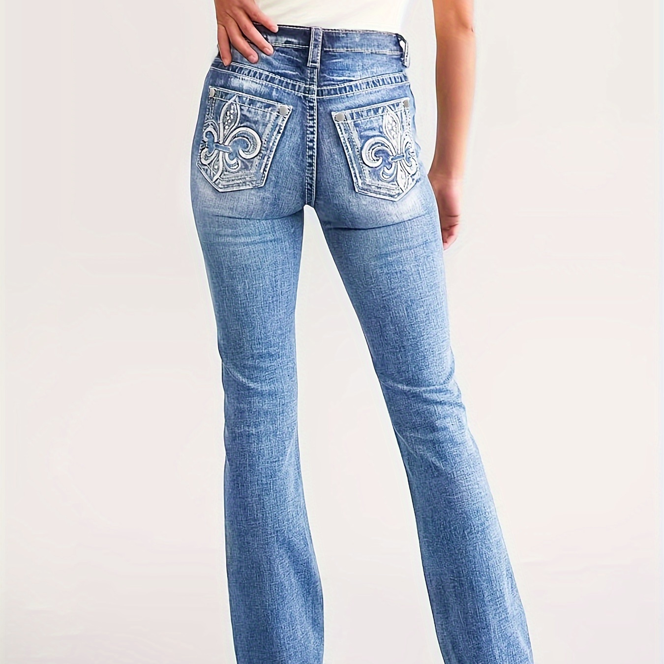 

Women's High-waisted Stretchy Jeans With Embroidery, Cotton Polyester Blend, Relaxed Fit, Long Length, Four-season Wear, Zipper Closure, Casual Outing